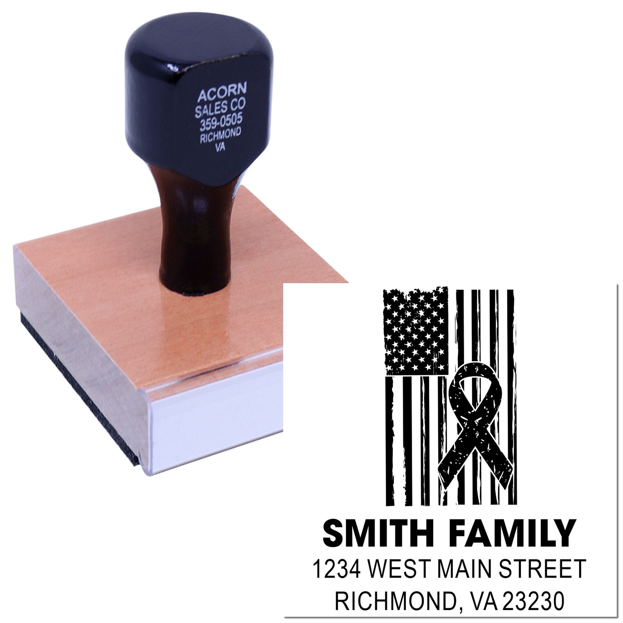 Custom rubber stamp with patriotic ribbon design and Smith Family Richmond, VA return address for personalized mailing.