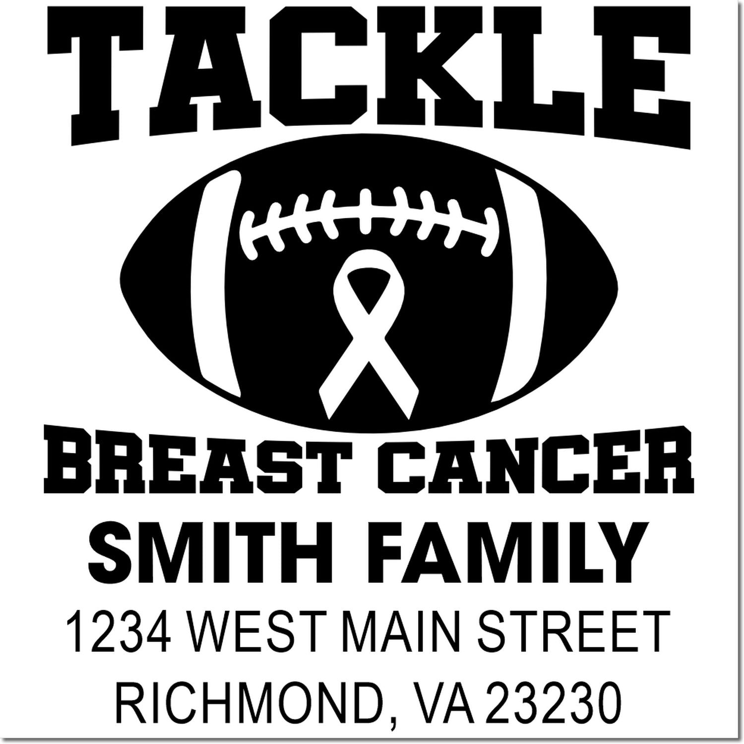 Personalized Tackle Breast Cancer football rubber stamp with Smith family name and return address.