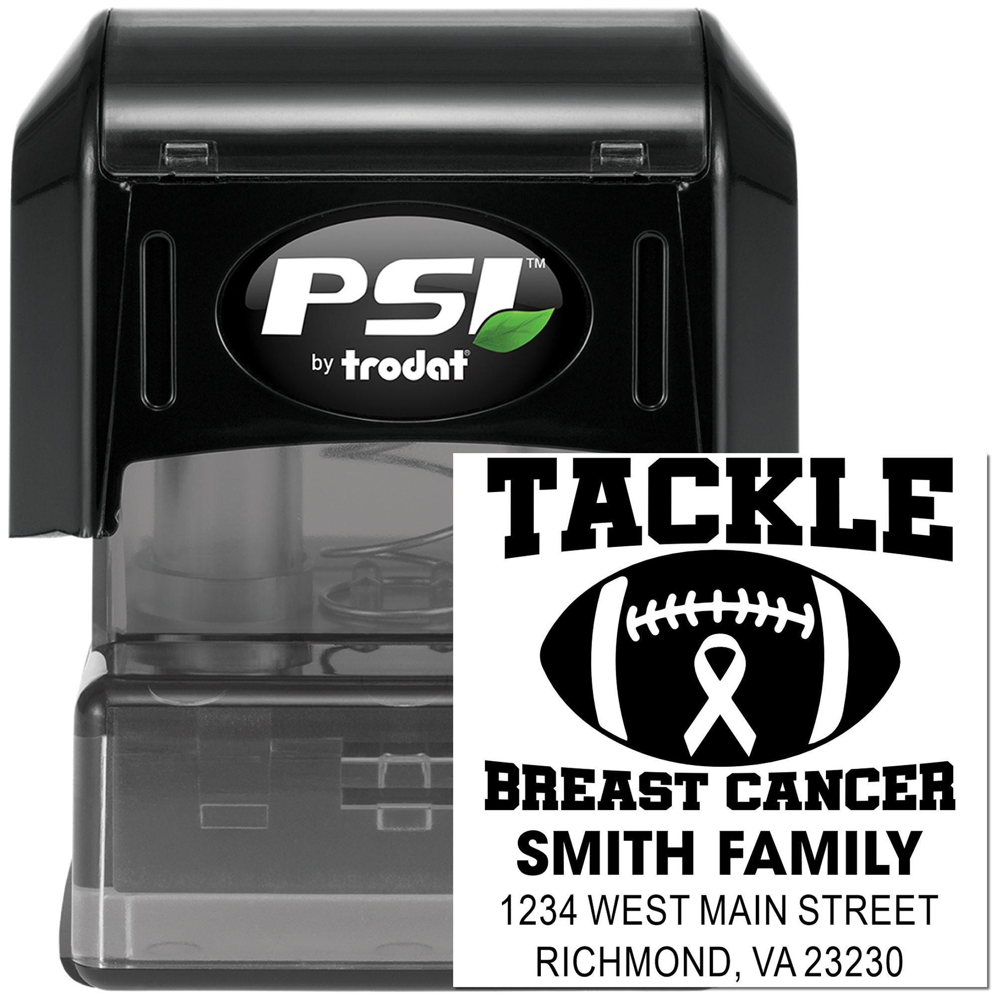 Personalized self-inking rubber stamp for breast cancer awareness, with football ribbon design and Smith family address.