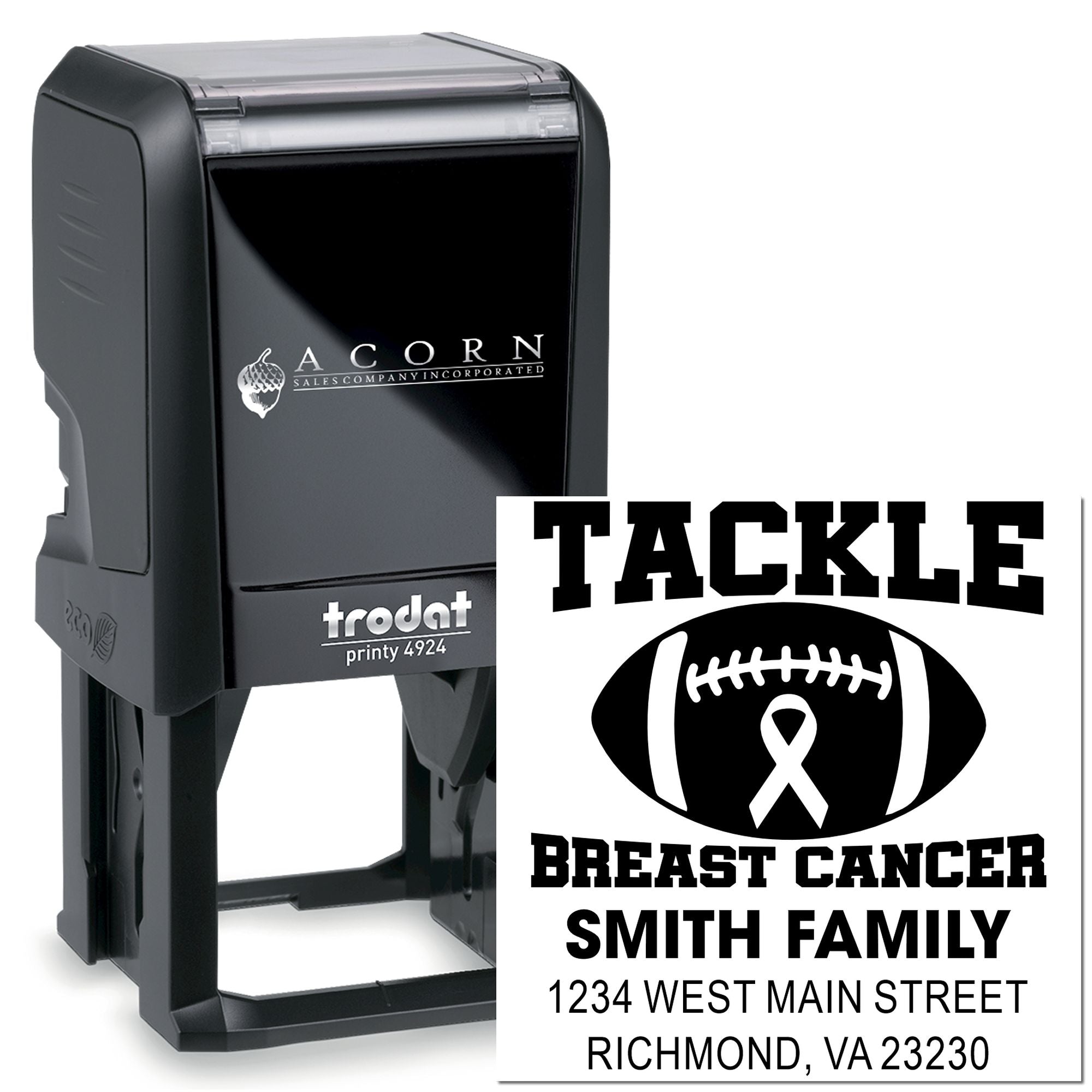 Custom self-inking rubber stamp for breast cancer awareness, featuring football design and return address details for the Smith family.