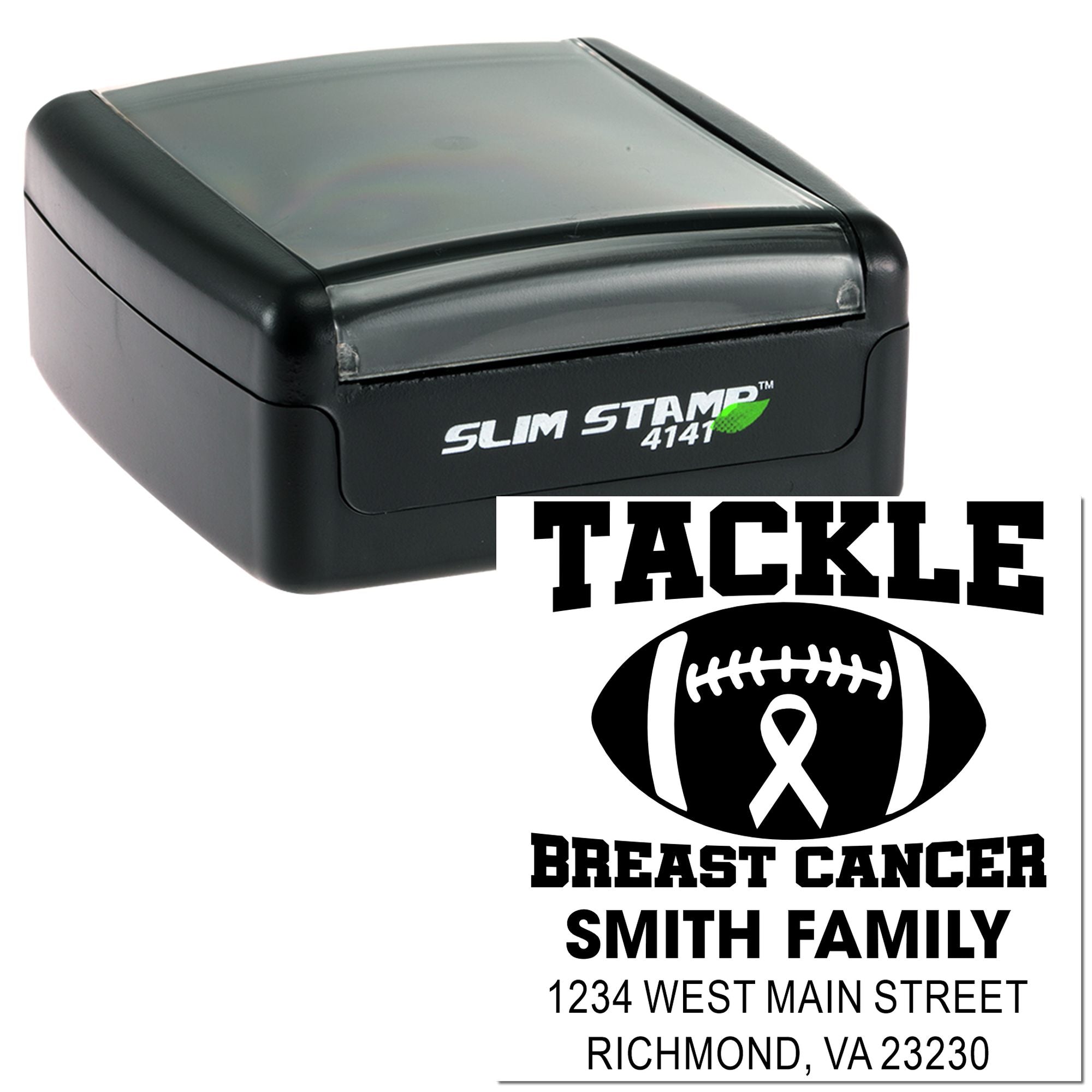 Personalized football breast cancer return address rubber stamp with Smith Family and Richmond, VA address.
