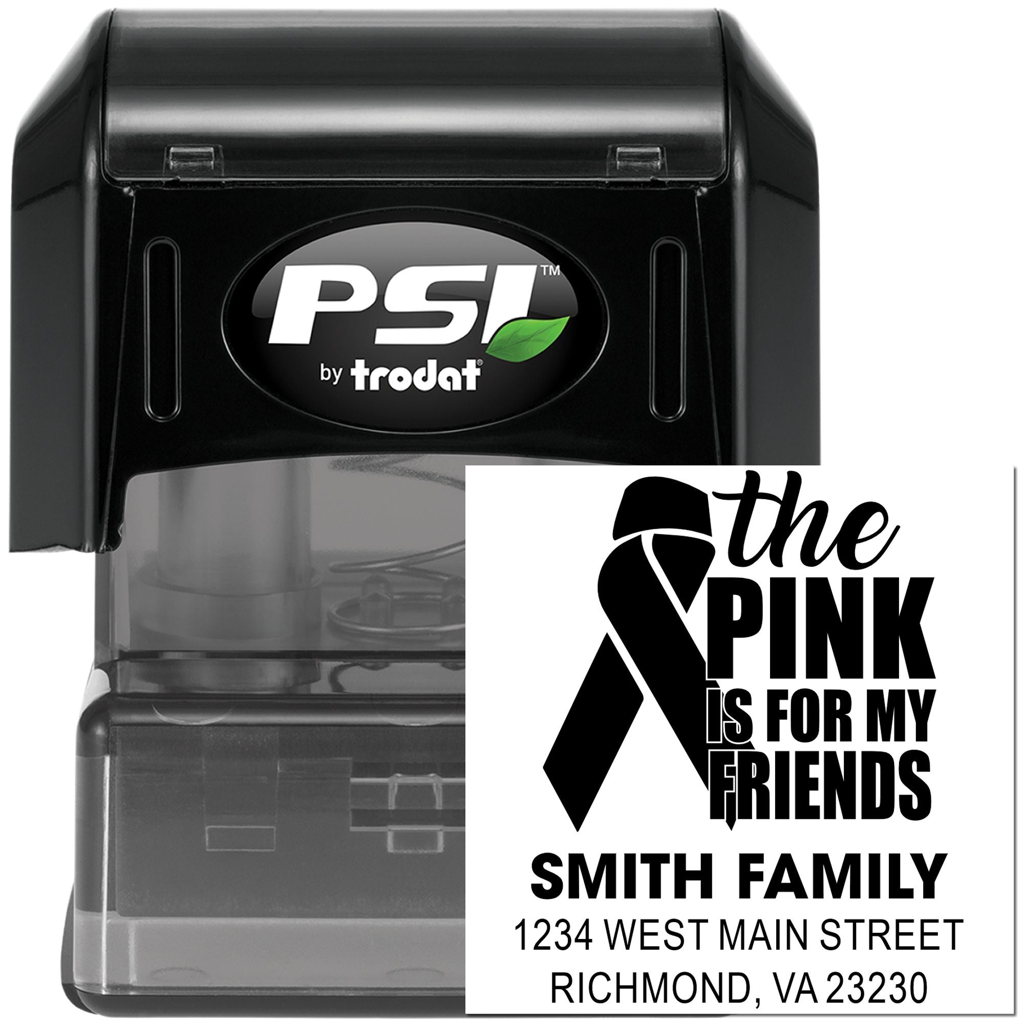 Custom self-inking rubber stamp with breast cancer ribbon design and Smith Family address for personalized awareness mail