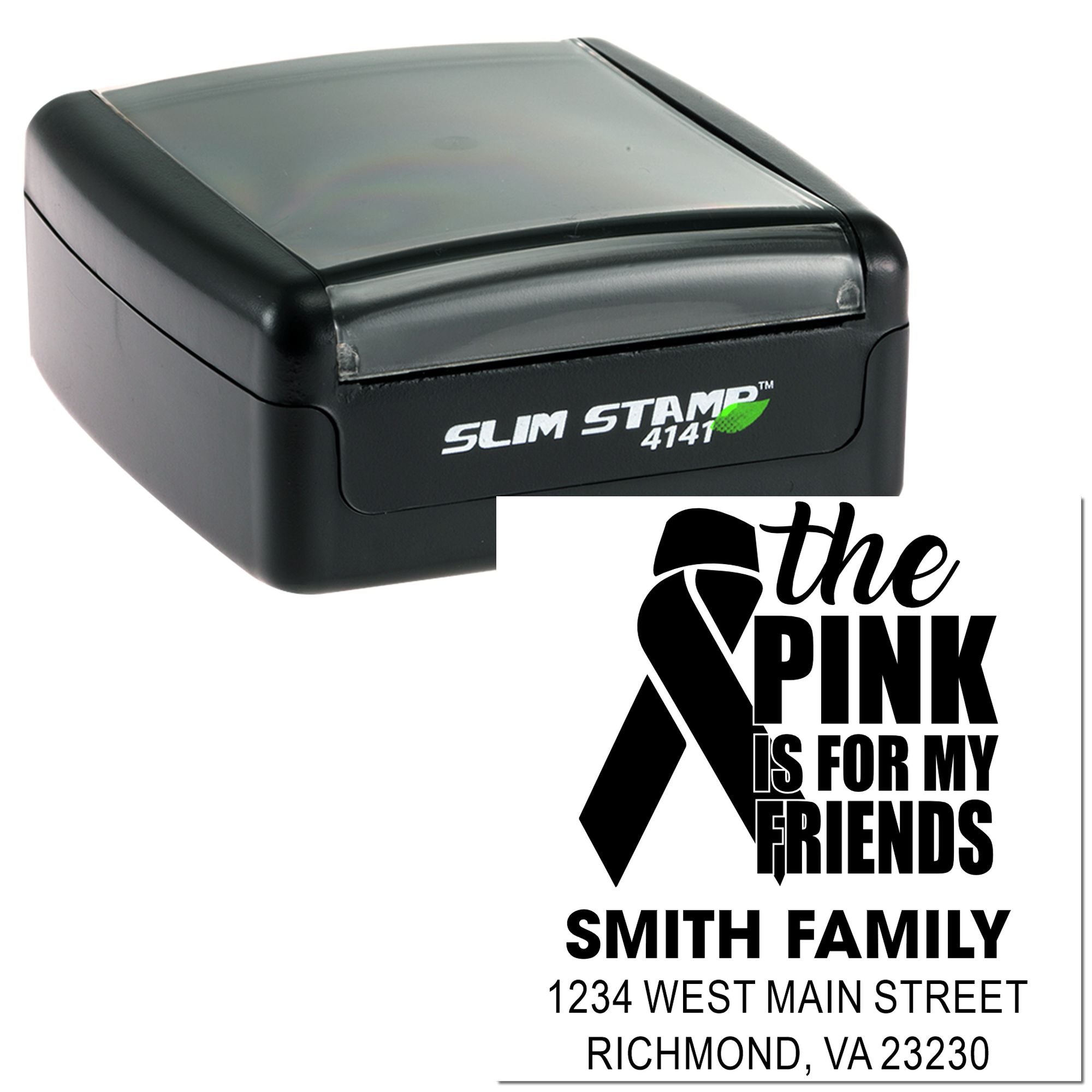 Custom self-inking rubber stamp with breast cancer awareness ribbon, Smith family name, and return address.