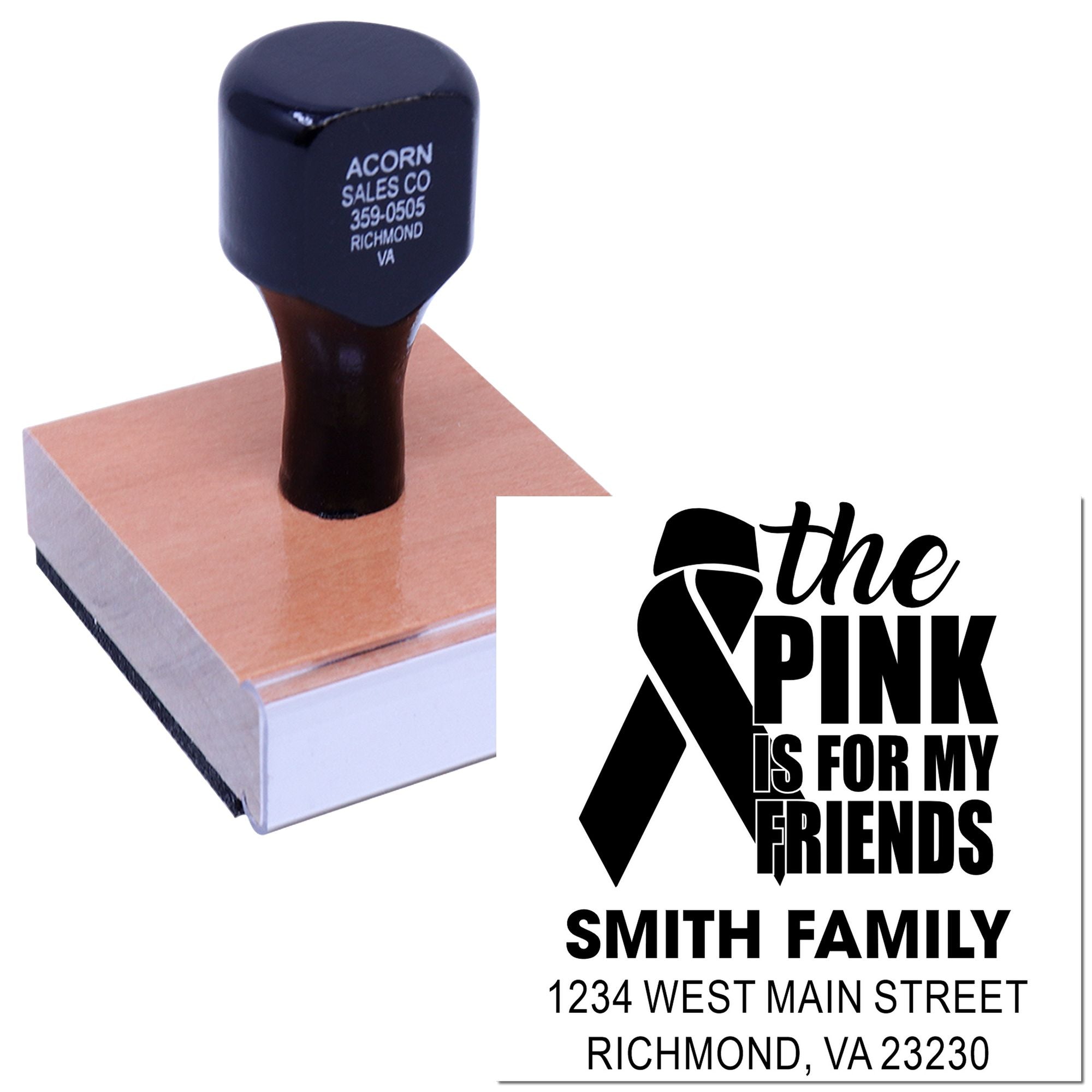 Custom rubber stamp with pink ribbon awareness design and Smith Family address for fundraising, mailing, and personal use.