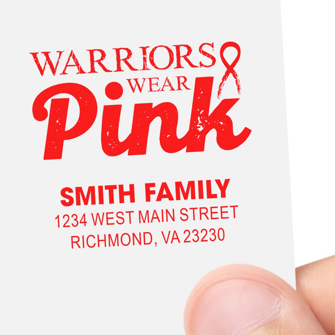 Custom rubber return address stamp reading Warriors Wear Pink for Smith family, Richmond, VA, for breast cancer awareness.