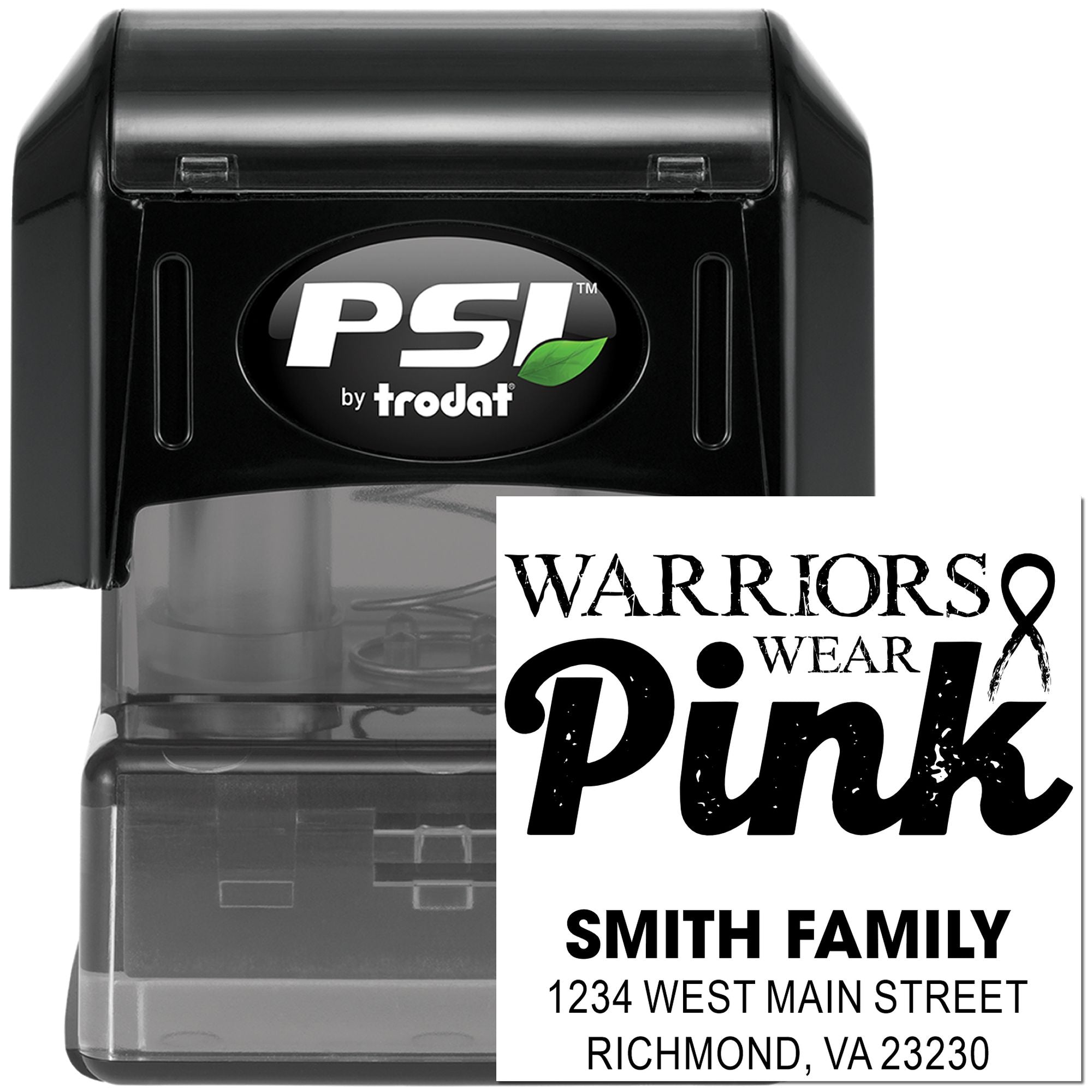 Custom self-inking rubber stamp by PSI by Trodat with Warriors Wear Pink family address design.