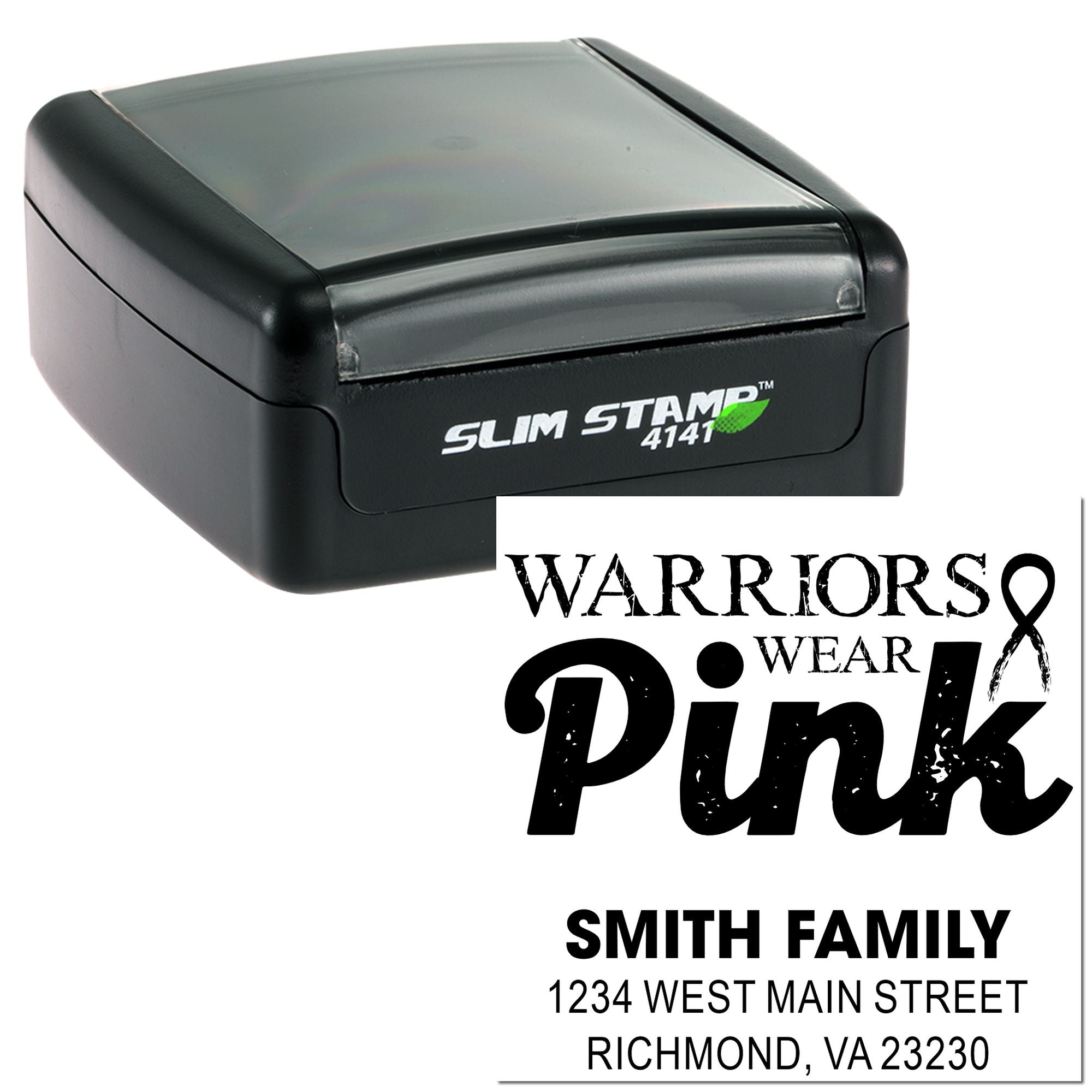 Custom self-inking rubber stamp with Warriors Wear Pink design and Smith Family address for personalized mailing and awareness branding.