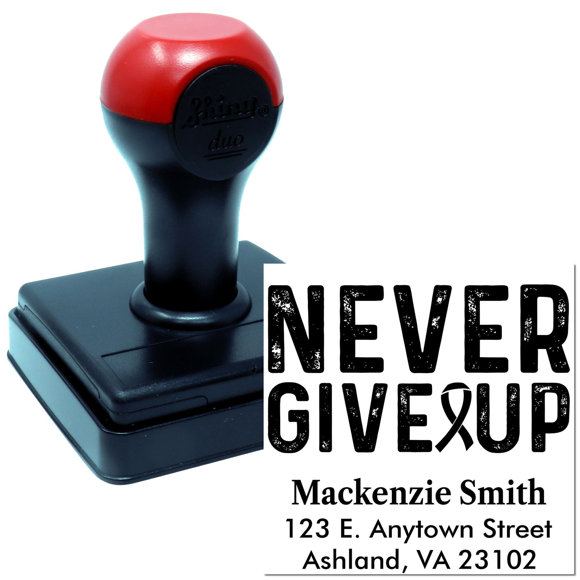 Self-inking rubber stamp with Never Give Up and custom return address for personalized mailing, branding, or motivational use.