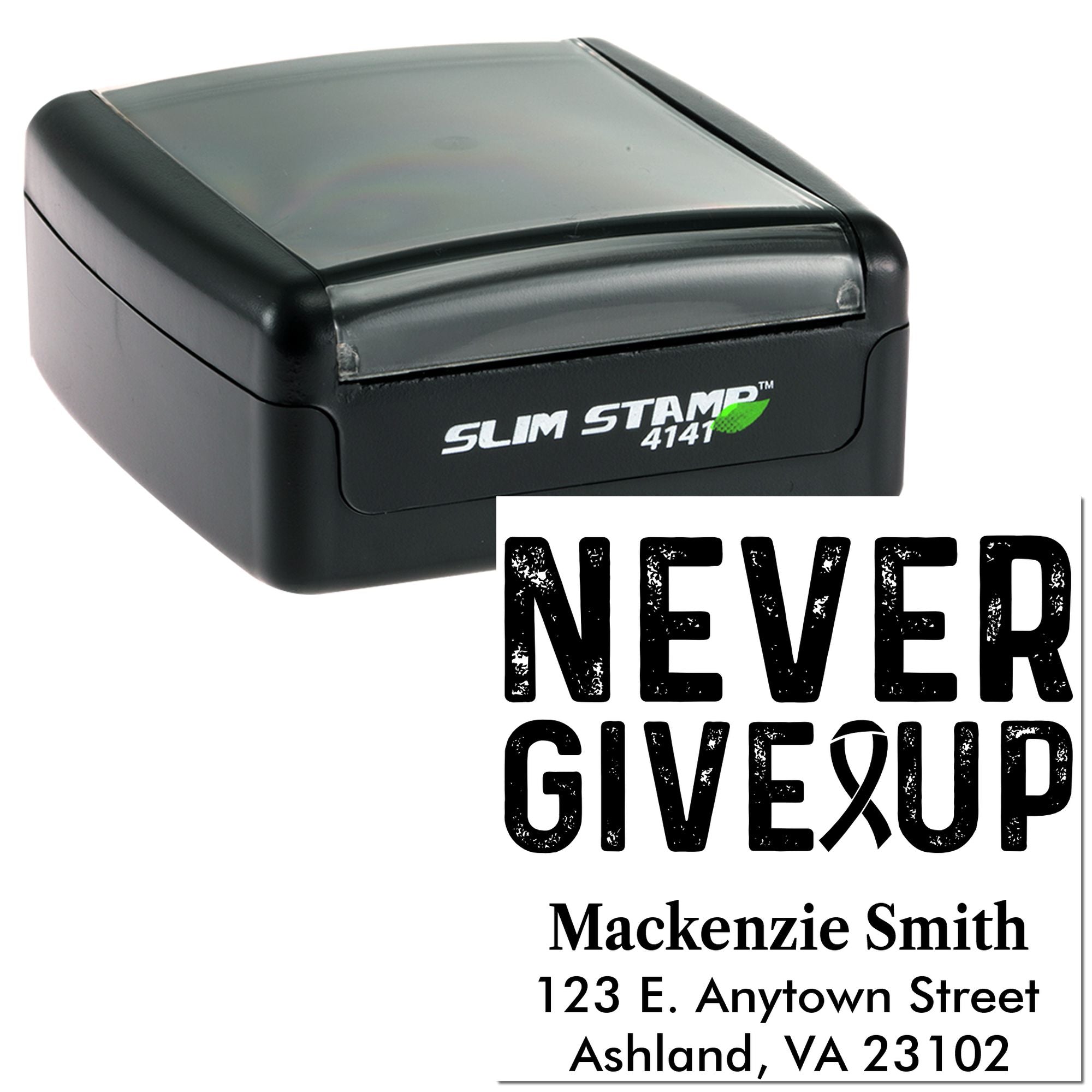 Custom self-inking rubber stamp with Never Give Up message and personalized name and address for mailing and branding.