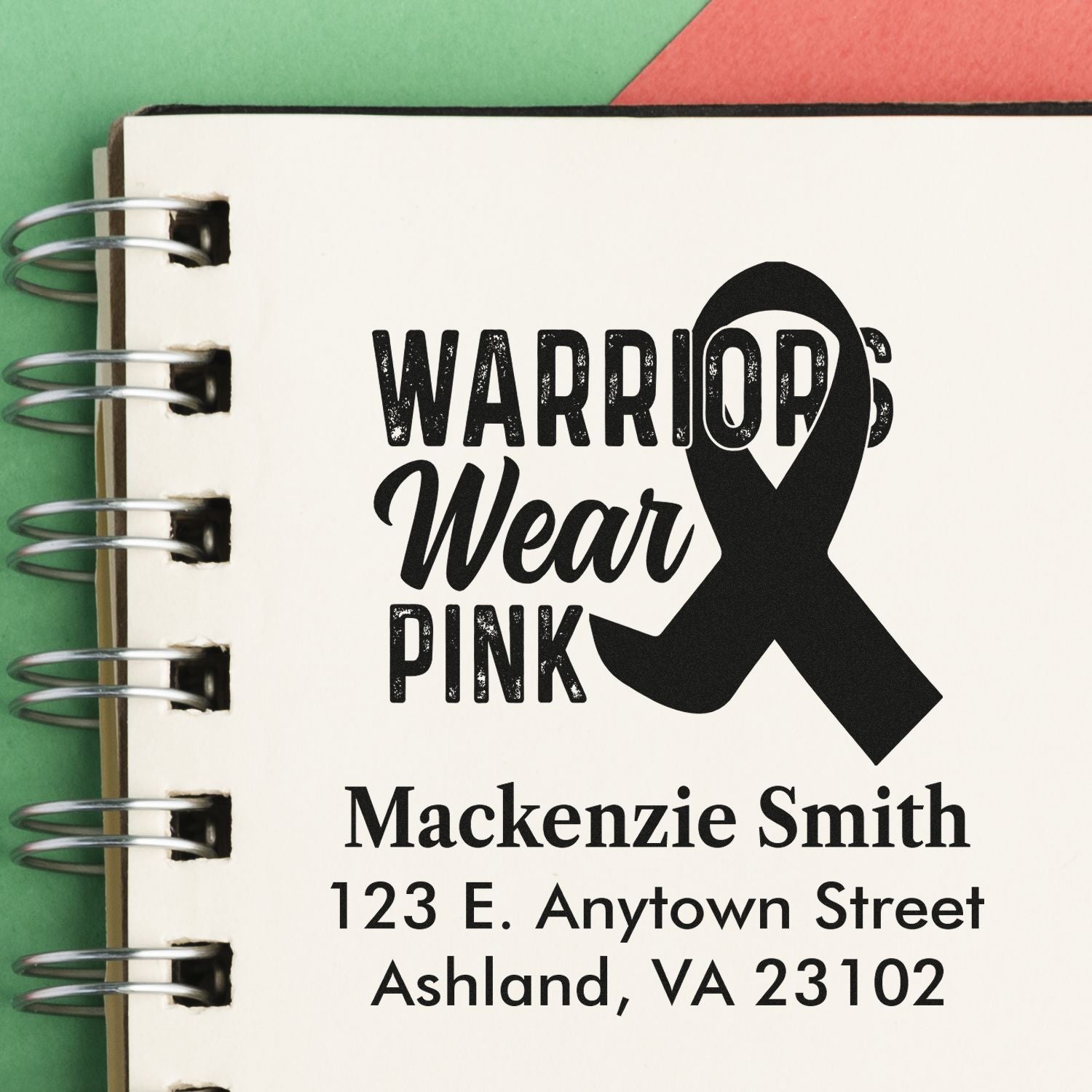 Custom rubber stamp with pink ribbon awareness design and personalized name and address for Breast Cancer Warrior Wear Pink.