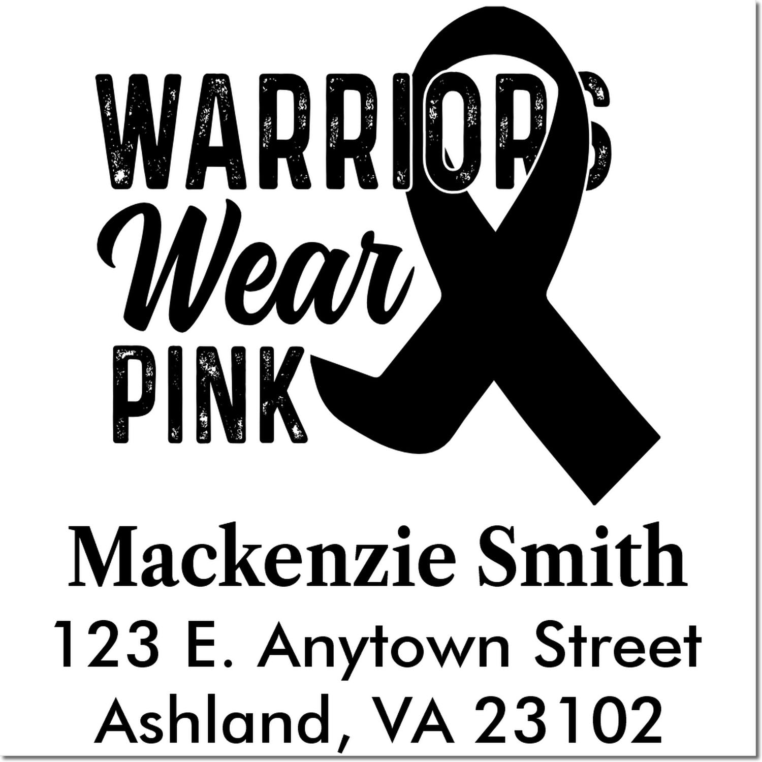 Personalized return address rubber stamp with Warrior Wear Pink breast cancer awareness ribbon, name, and address.