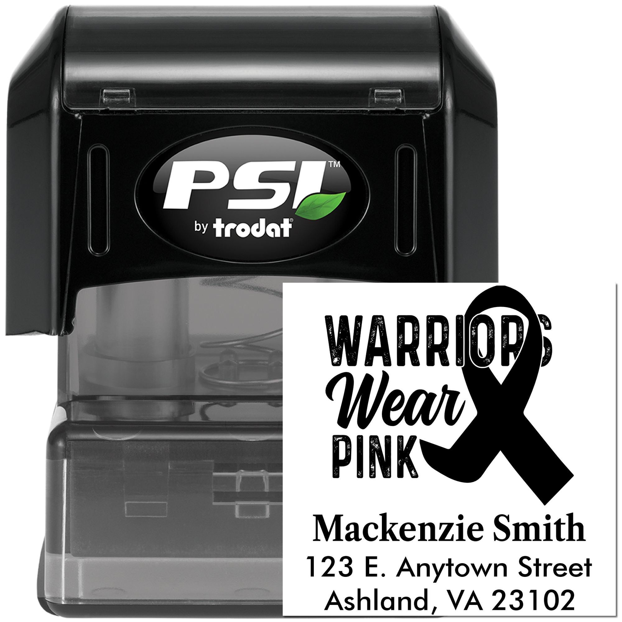 Custom self-inking rubber stamp by PSI Trodat for Breast Cancer Awareness, featuring Warriors Wear Pink and return address.