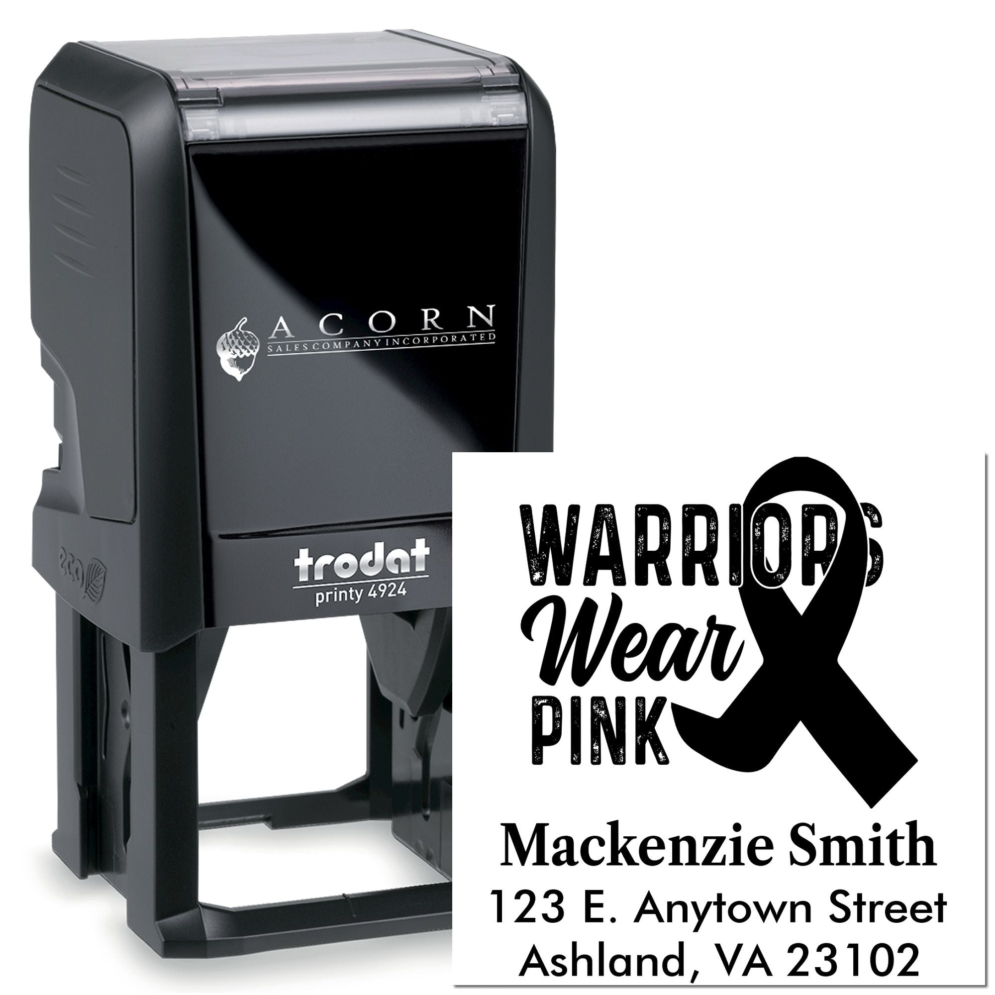 Custom self-inking rubber stamp with pink ribbon awareness design and return address for Mackenzie Smith.