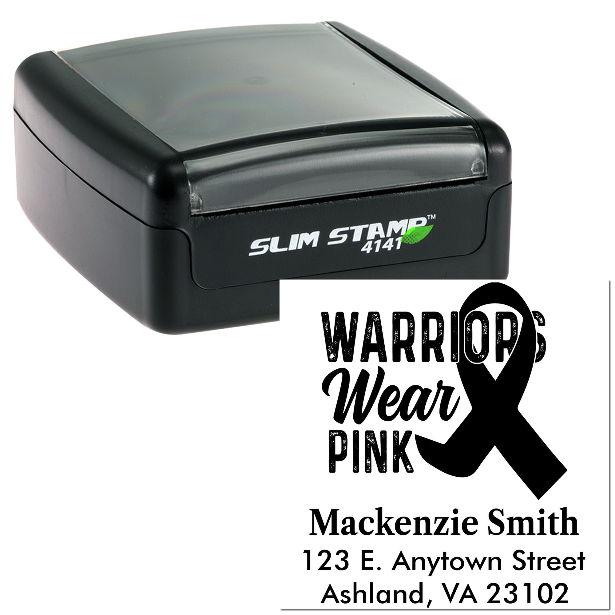 Slim Stamp 4141 custom self-inking rubber stamp for breast cancer awareness, featuring Warriors Wear Pink return address imprint