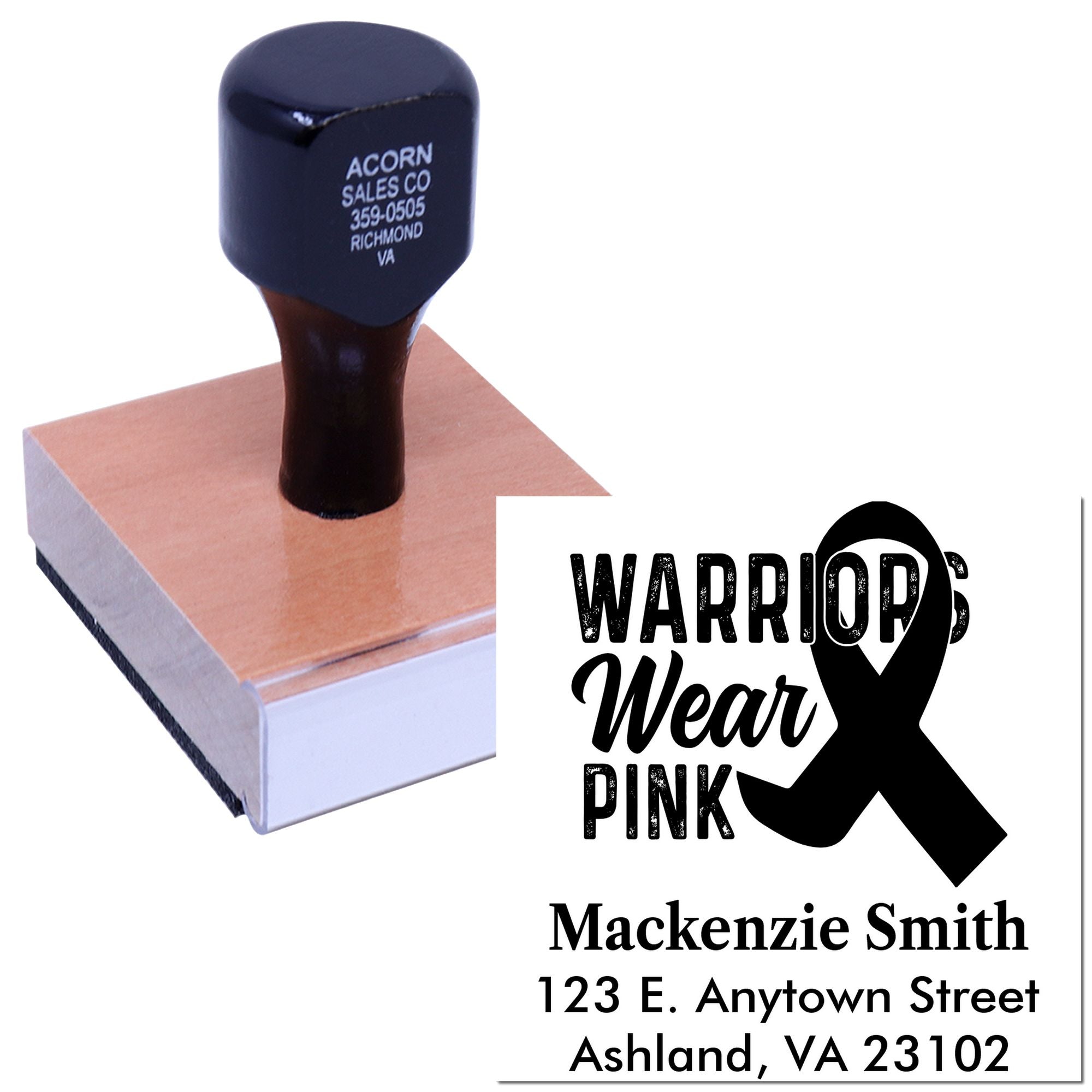 Custom rubber stamp featuring Warrior Wear Pink ribbon logo and return address for personalized business or awareness stamping