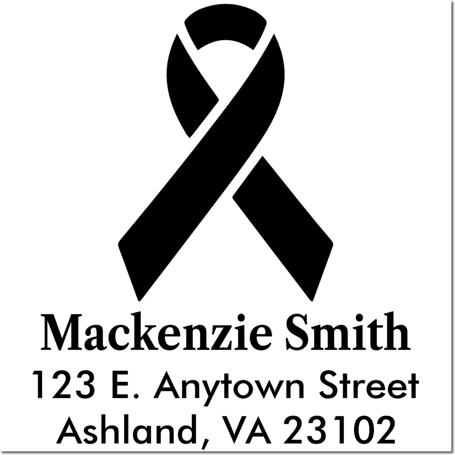 Custom awareness ribbon return address rubber stamp with Mackenzie Smith, 123 E. Anytown Street, Ashland, VA 23102