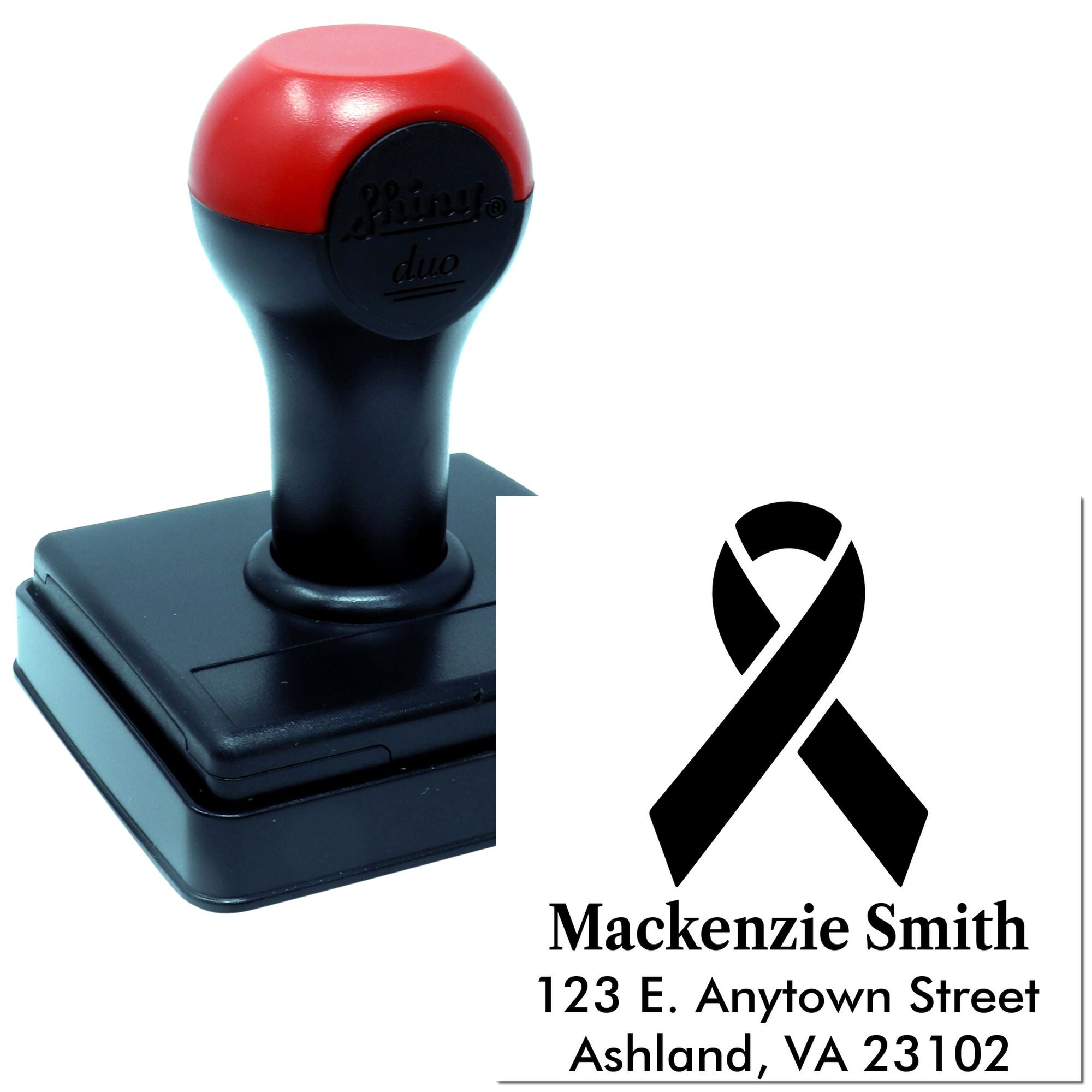 Custom self-inking rubber stamp with black ribbon and address imprint for memorial or awareness mailing.