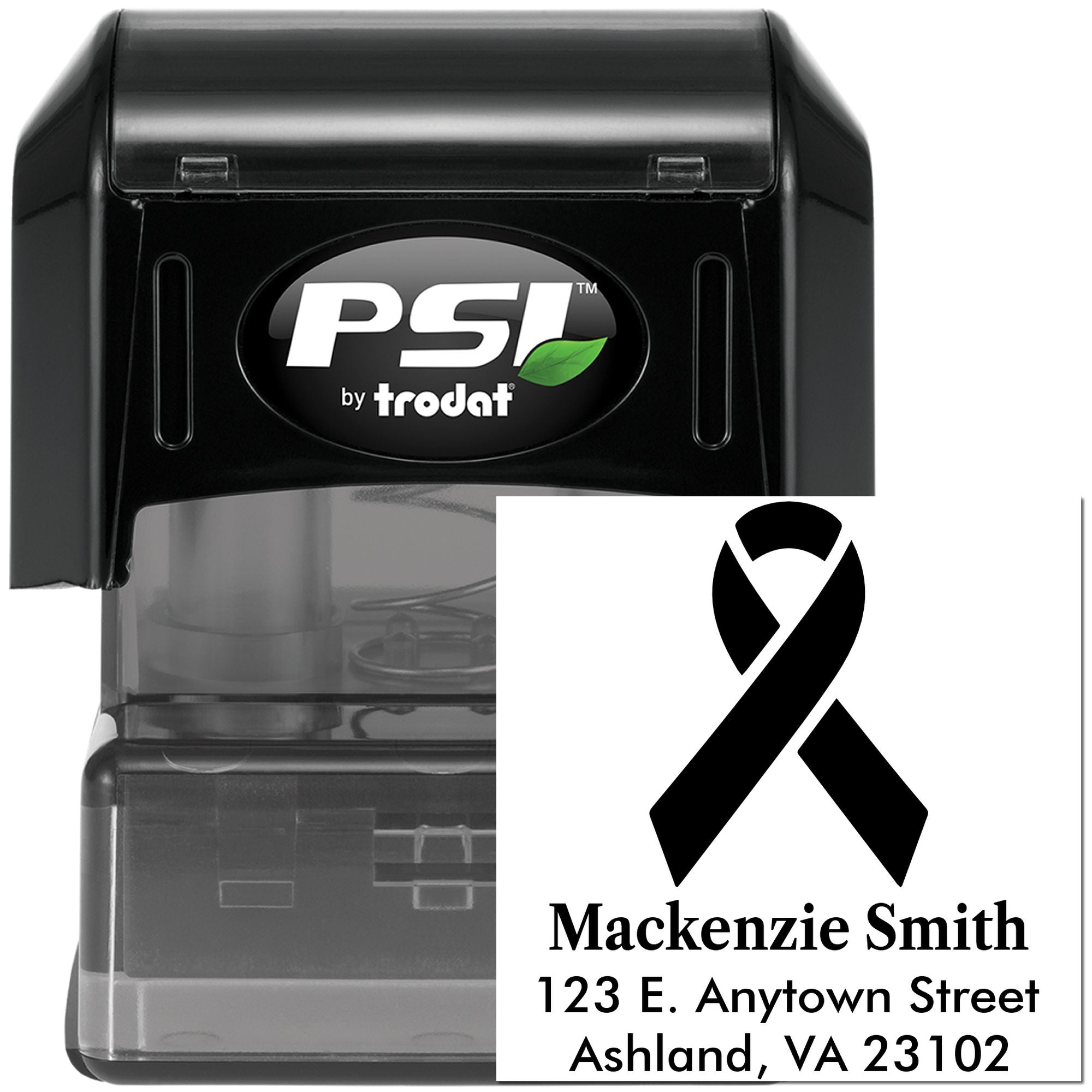 Custom address rubber stamp with black awareness ribbon, personalized name and address, PSI by Trodat self-inking stamp.