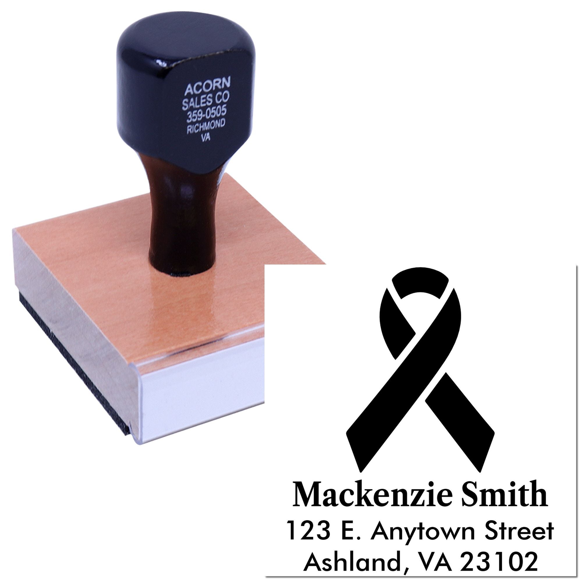 Custom rubber address stamp with awareness ribbon logo and personalized name for mailing and fundraising materials.
