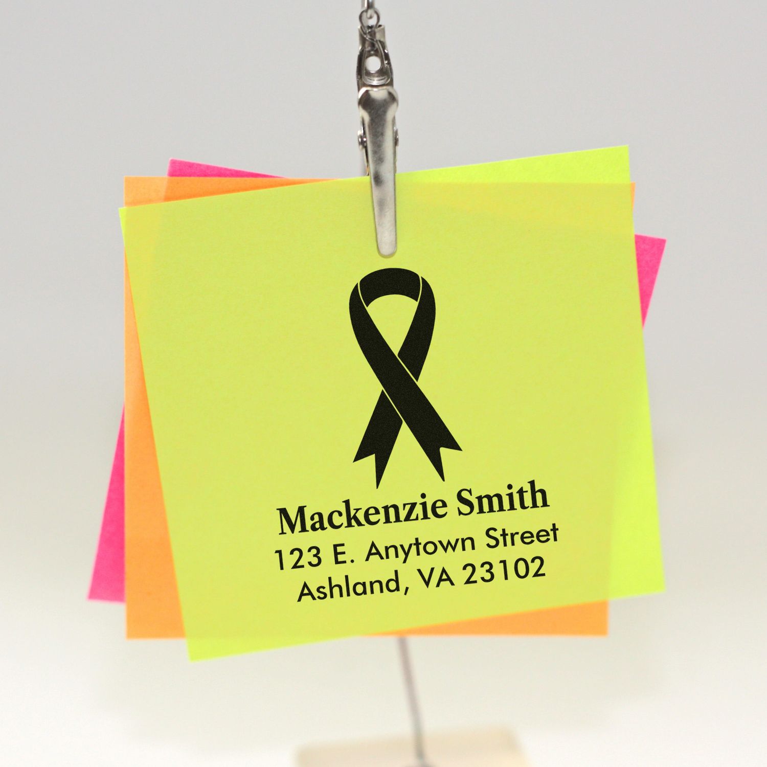 Personalized awareness ribbon rubber stamp with name and return address on neon sticky notes
