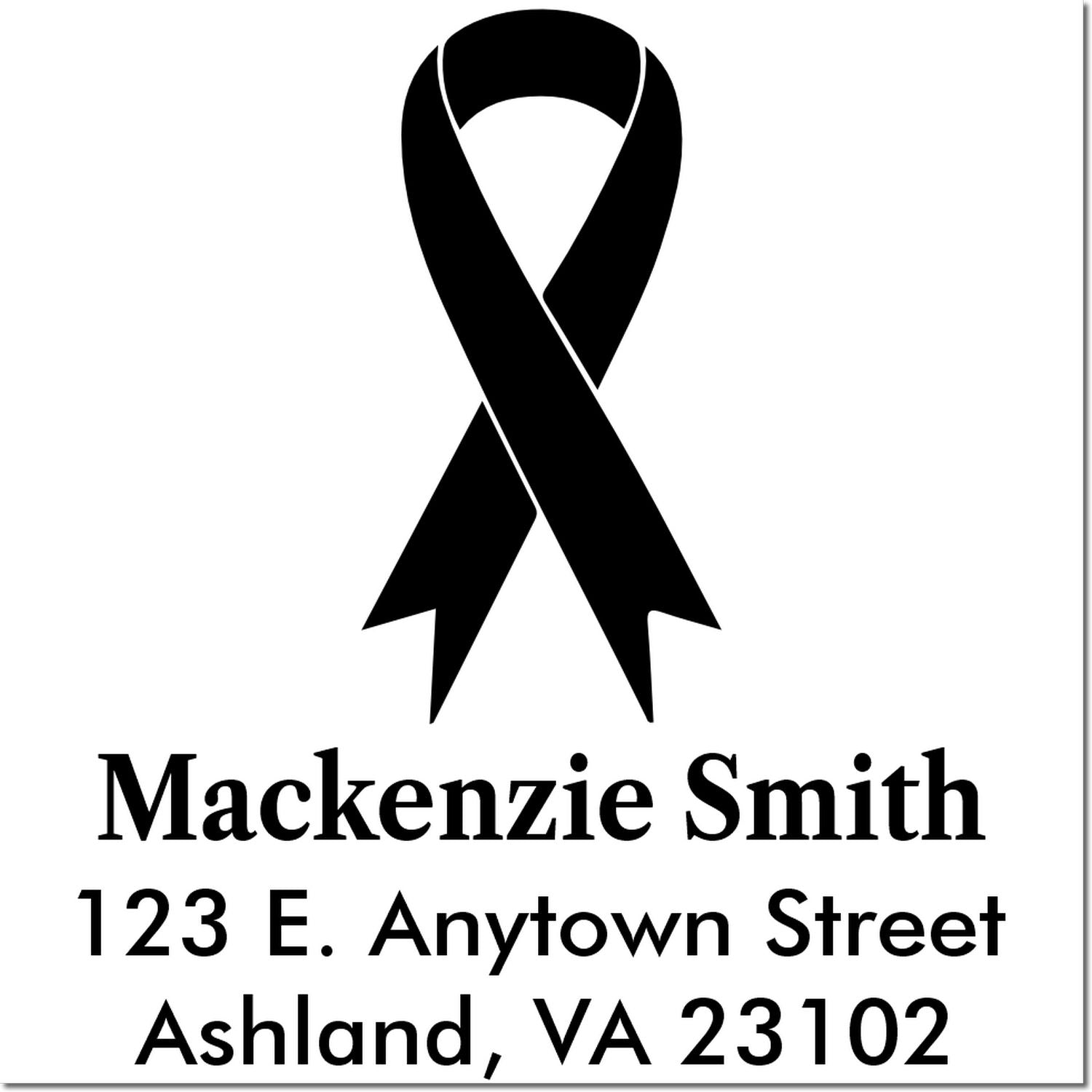Personalized return address rubber stamp with black awareness ribbon, Mackenzie Smith, Ashland, VA 23102