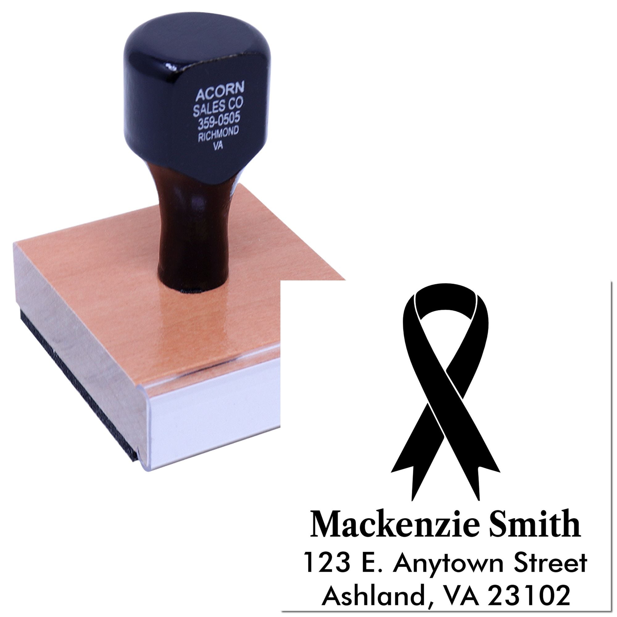 Custom rubber address stamp with black awareness ribbon logo and personalized return name and mailing address.