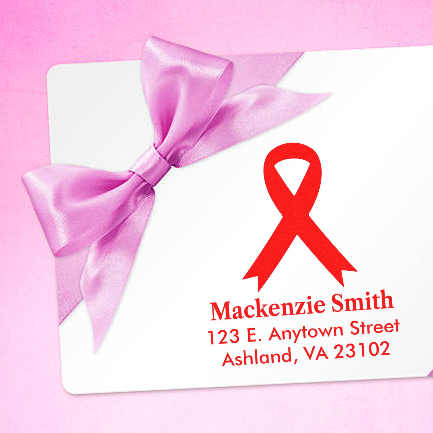 Personalized breast cancer awareness return address rubber stamp with pink ribbon design for cards and envelopes.