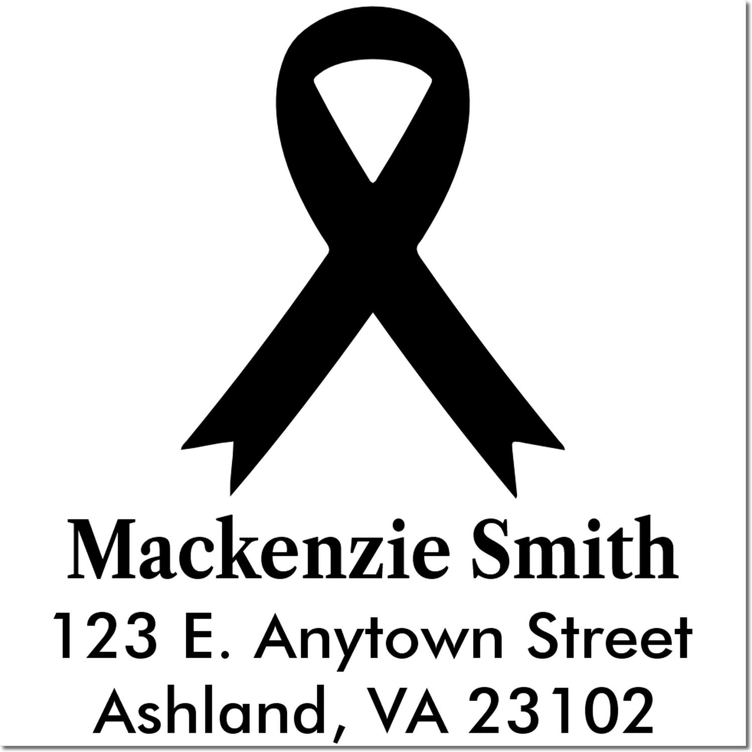 Custom rubber stamp with black awareness ribbon and return address for Mackenzie Smith, Ashland, VA 23102