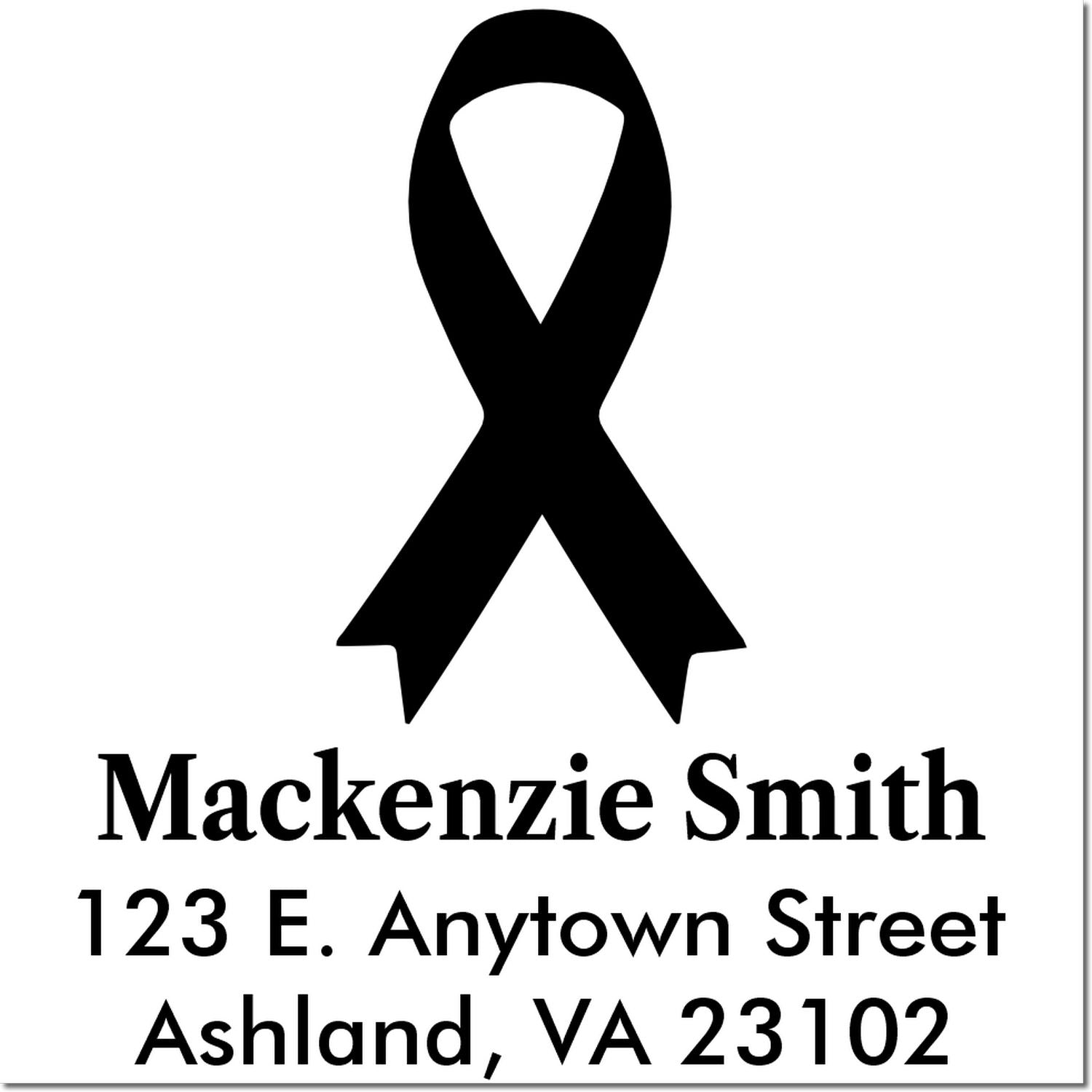 Custom return address rubber stamp with black awareness ribbon, Mackenzie Smith, 123 E. Anytown Street, Ashland, VA 23102