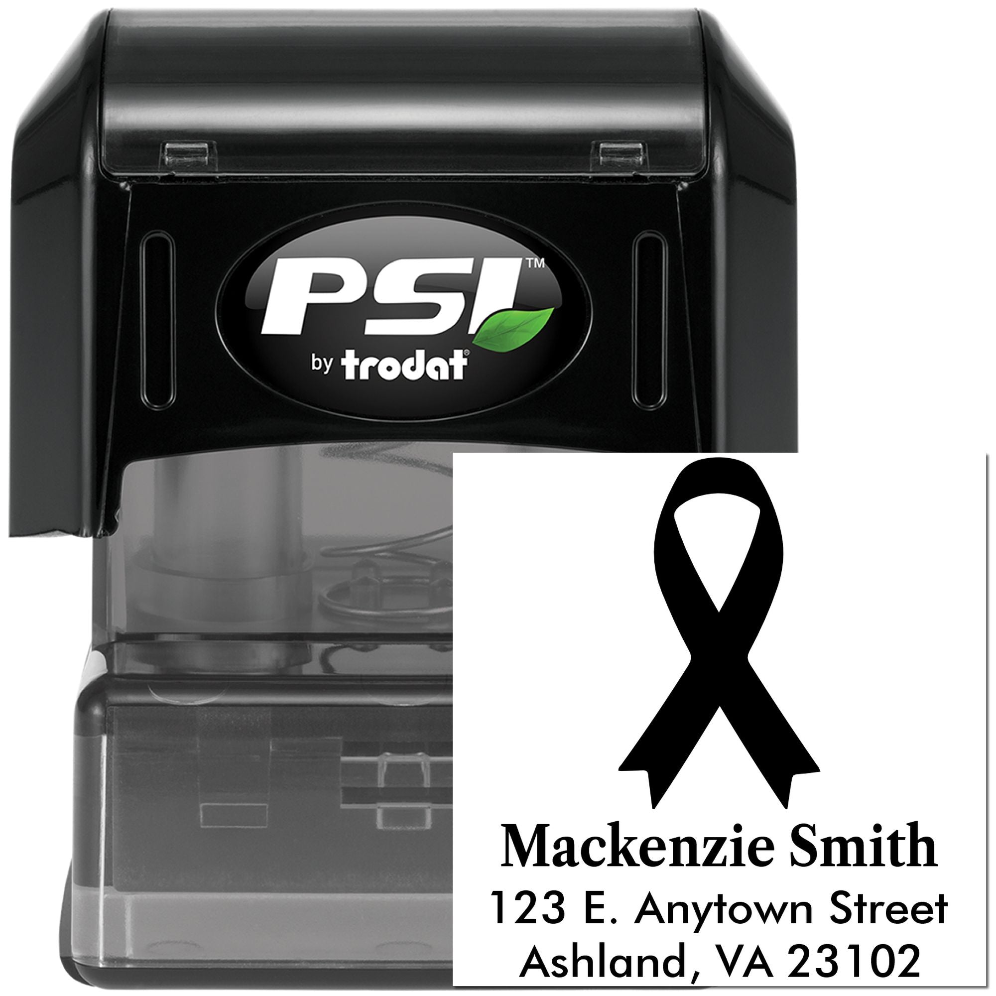 PSI by Trodat self-inking rubber stamp with custom awareness ribbon address imprint for personalized mailing