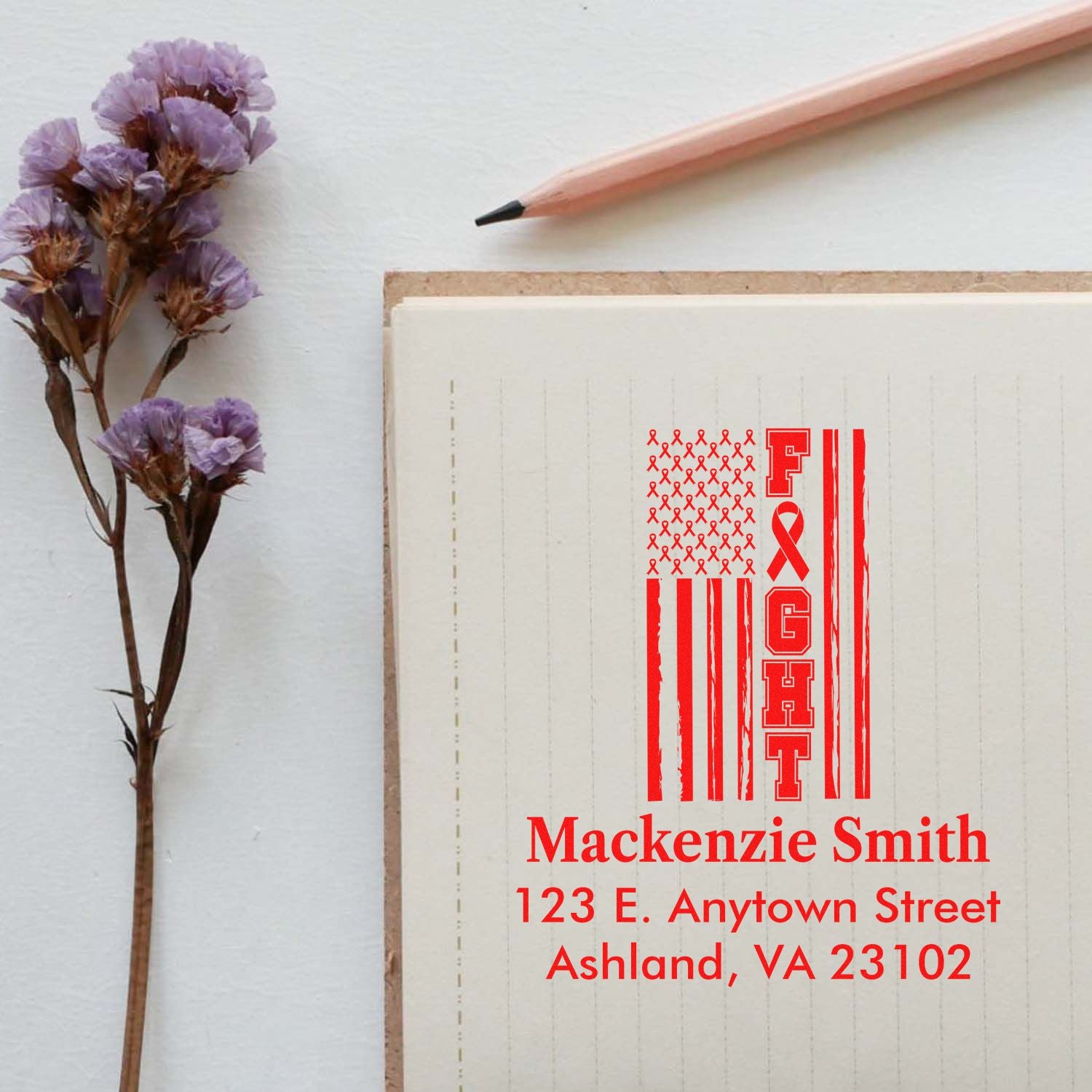 Custom breast cancer awareness address rubber stamp with patriotic Fight ribbon design for cards and envelopes.
