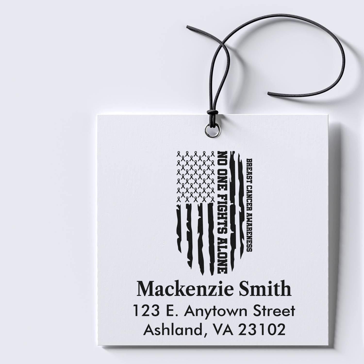 Custom breast cancer awareness rubber stamp design with No One Fights Alone and personalized name and address.