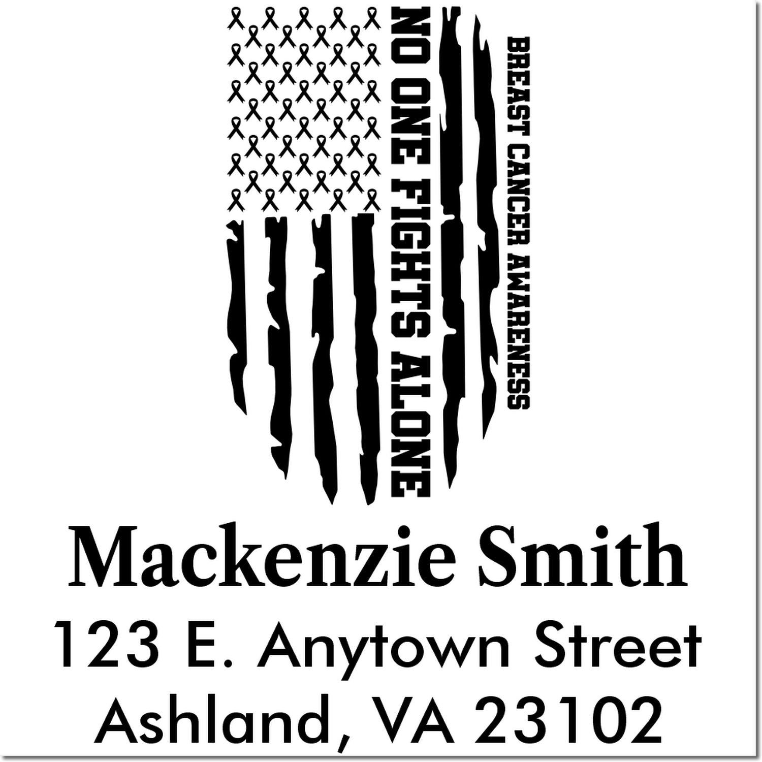 Custom breast cancer awareness return address rubber stamp with ribbon flag, No One Fights Alone, and personalized name and address.