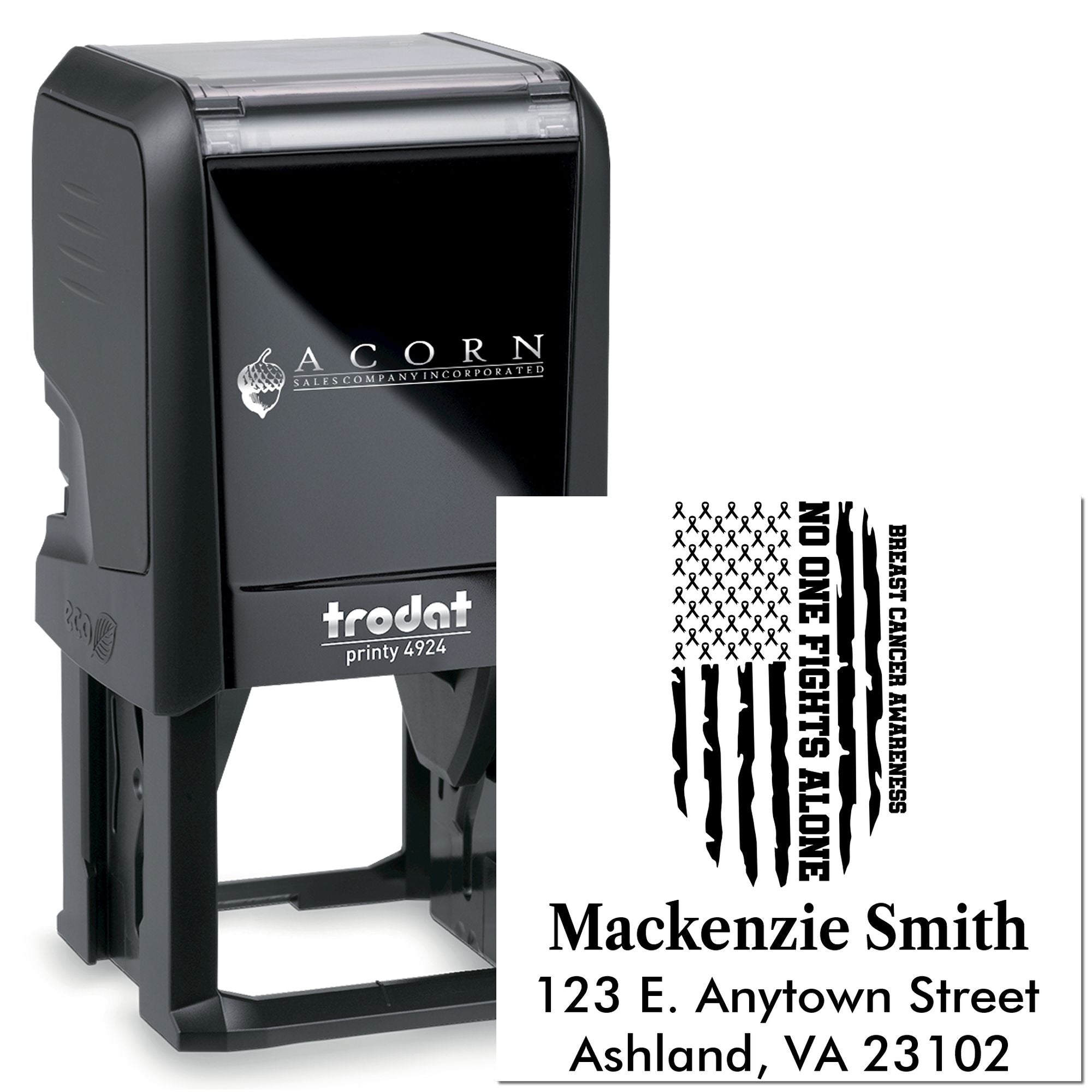 Custom self-inking rubber stamp with breast cancer awareness ribbon design and personalized return address for mailing.
