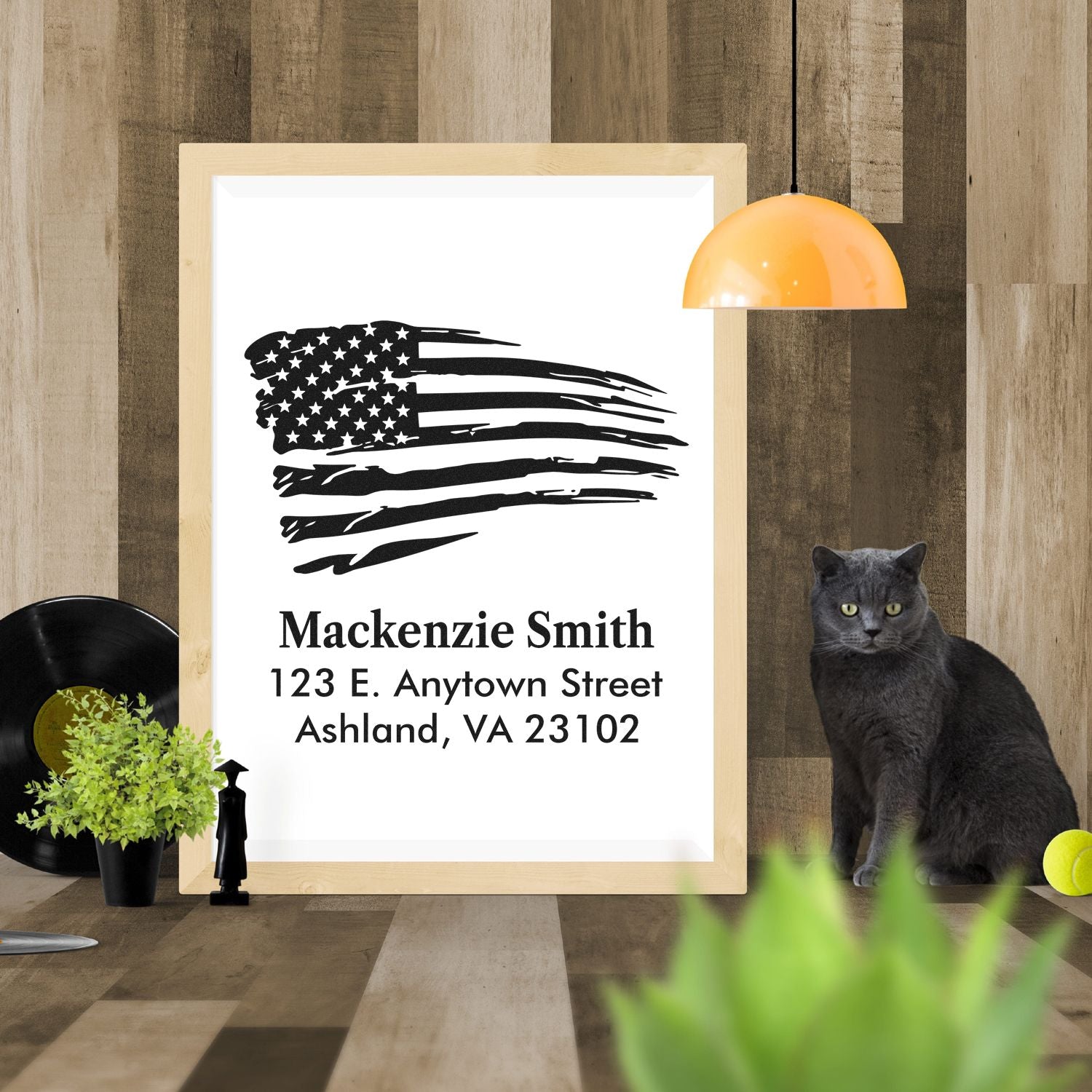 Custom distressed American flag return address rubber stamp with personalized name and mailing address