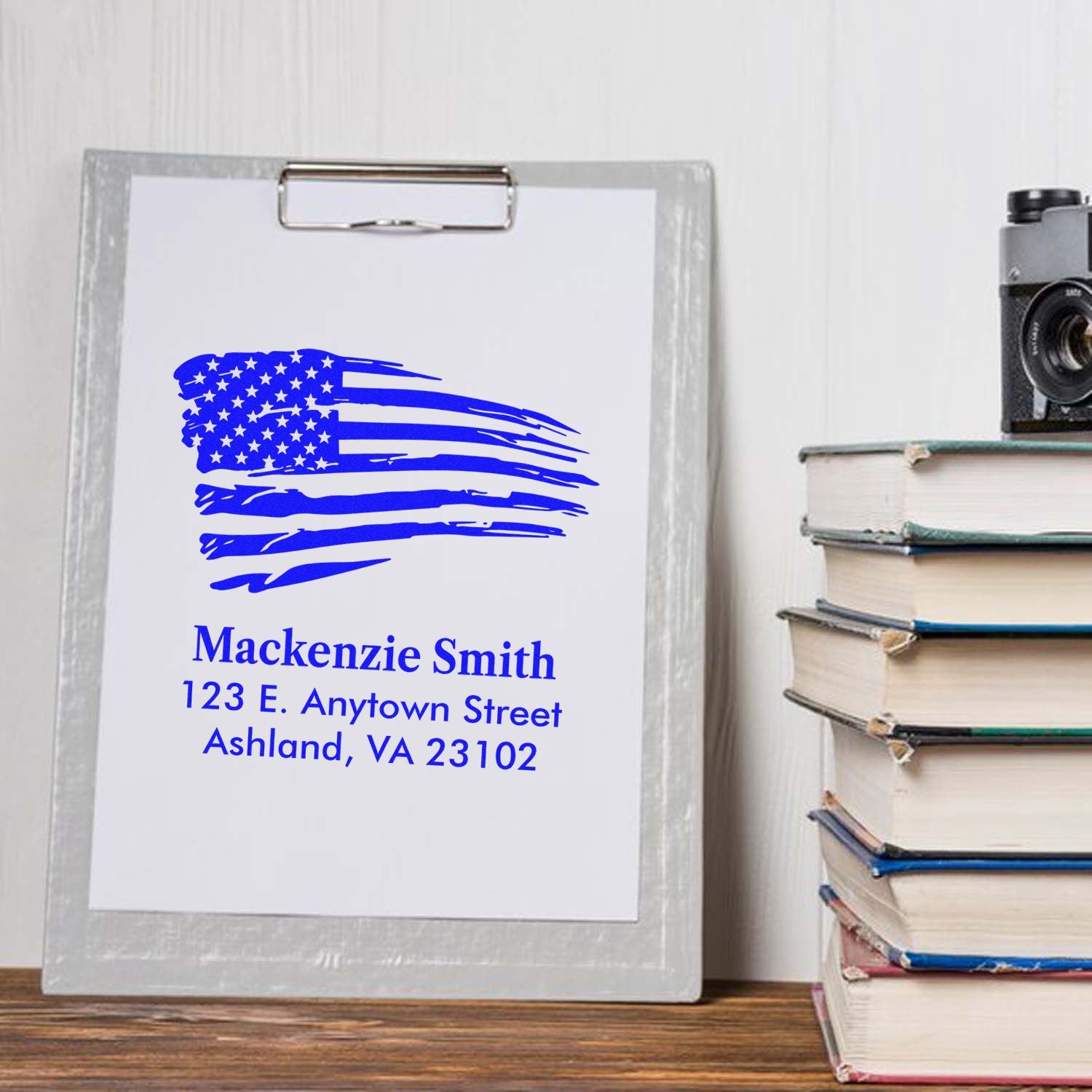 Custom patriotic return address rubber stamp with blue American flag design for Mackenzie Smith, Ashland, VA 23102