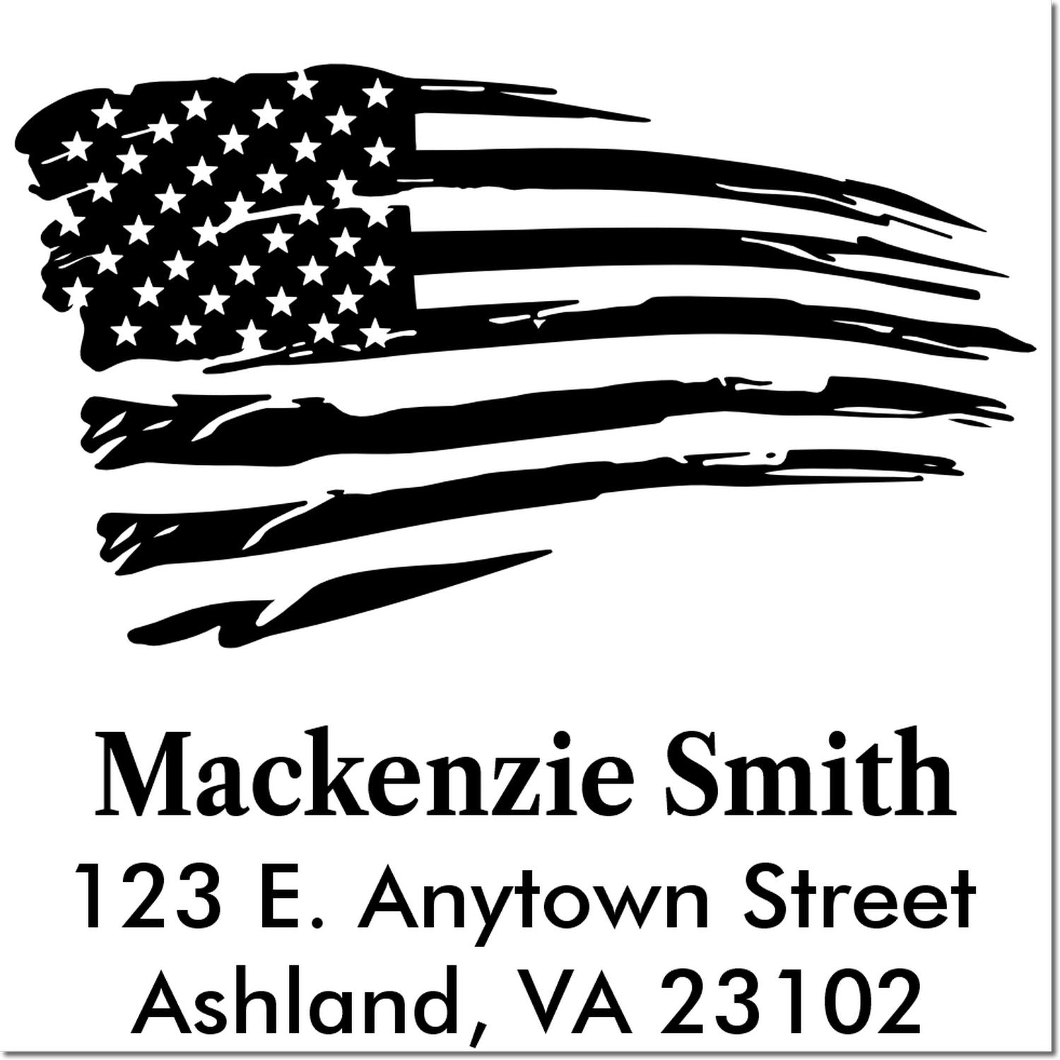 Custom rubber stamp with distressed American flag and return address for Mackenzie Smith, 123 E. Anytown Street, Ashland, VA 23102