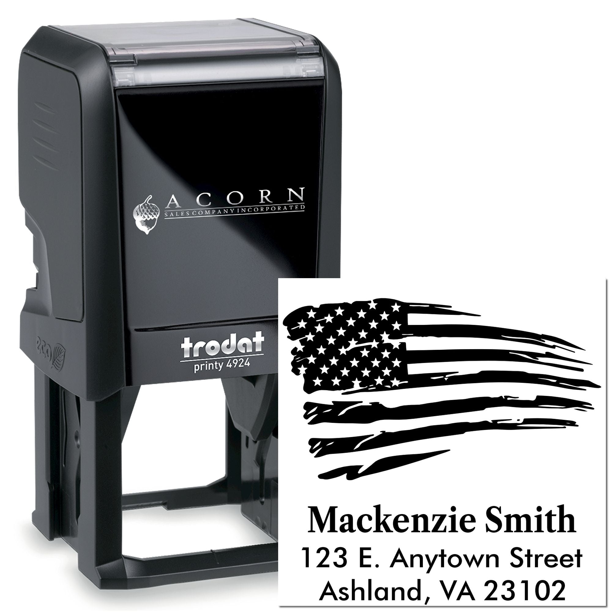 Personalized self-inking address stamp with American flag design, Trodat Printy 4924 custom rubber stamp.