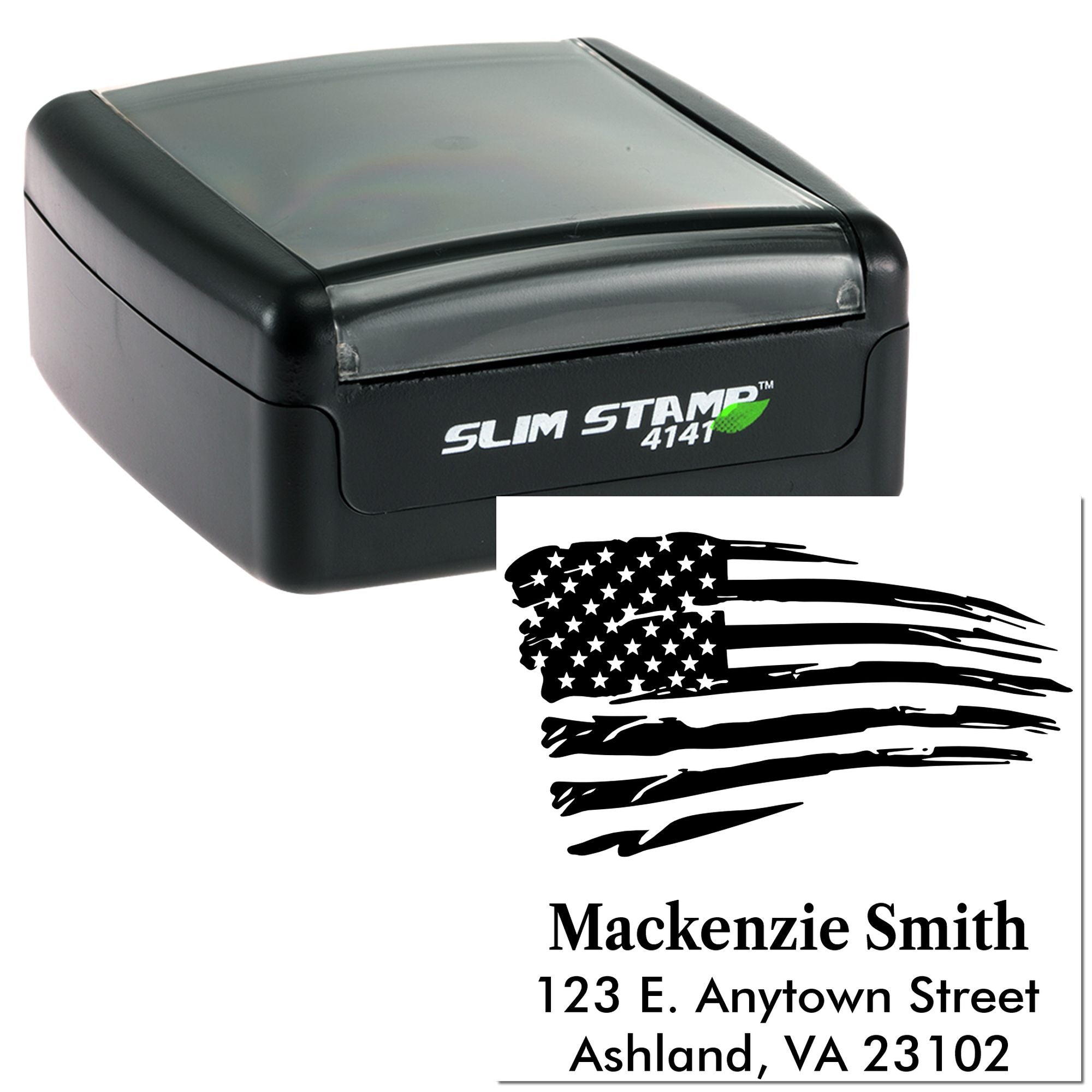 Custom self-inking rubber address stamp with distressed American flag design for Mackenzie Smith, Ashland, VA 23102.