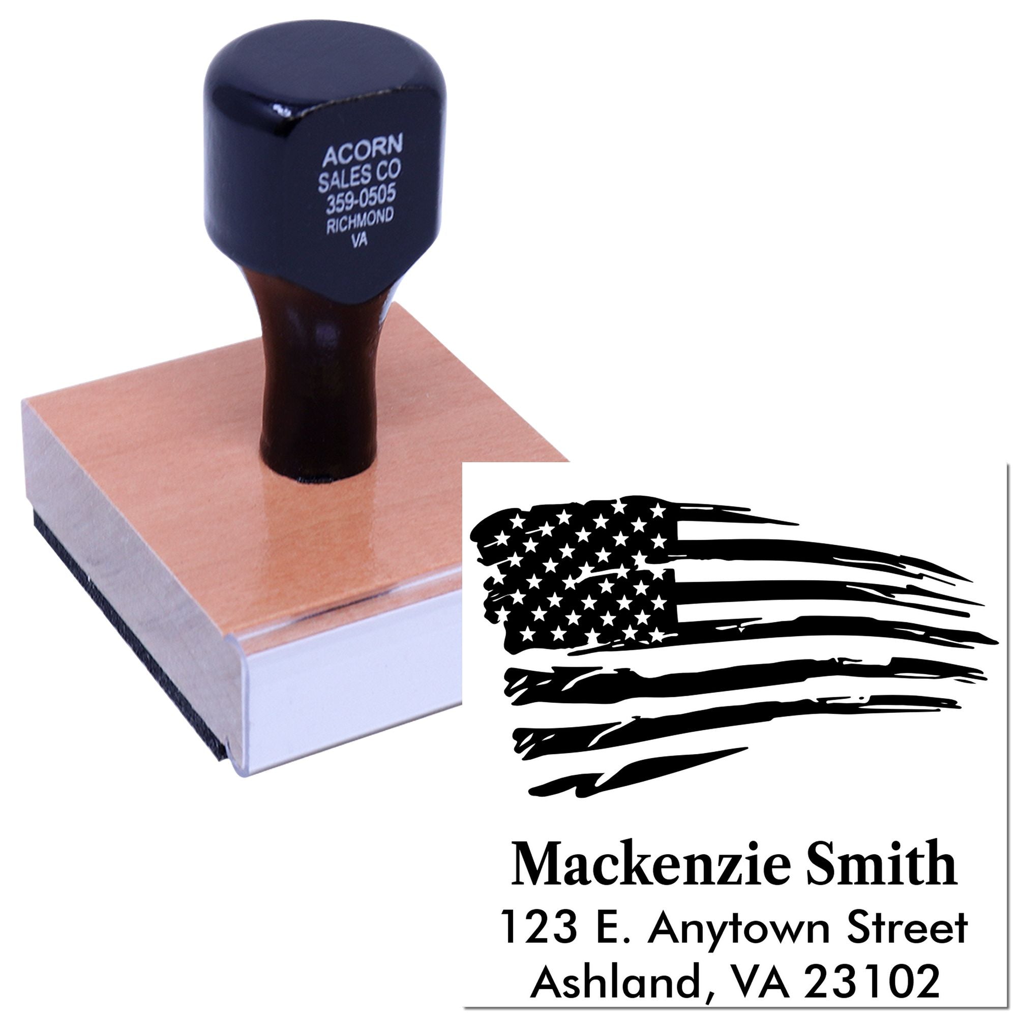 Custom rubber stamp with distressed American flag and return address, ideal for patriotic mailing and branding.