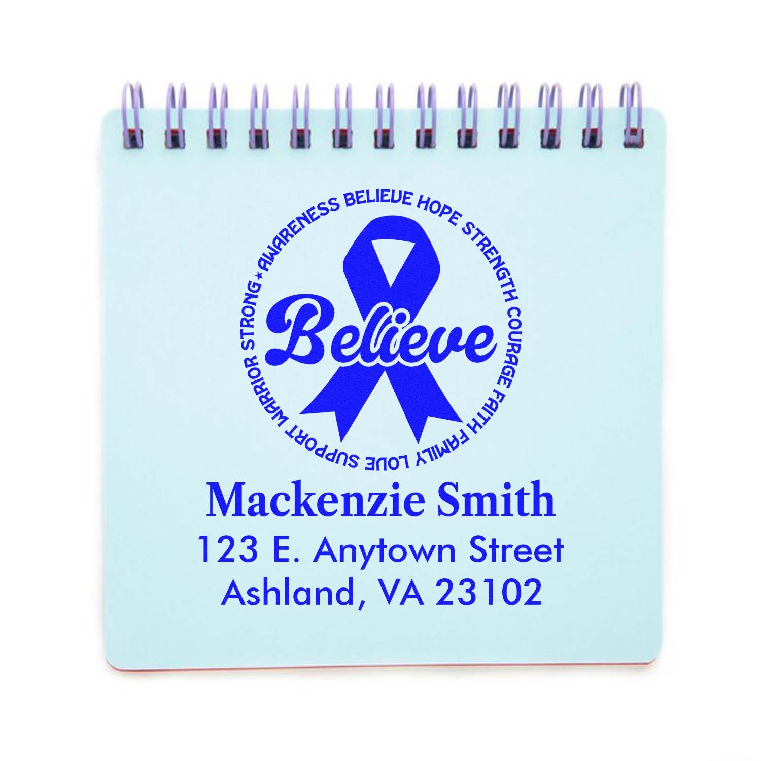 Personalized rubber stamp design with blue awareness ribbon, Believe message, and return address for custom stationery.