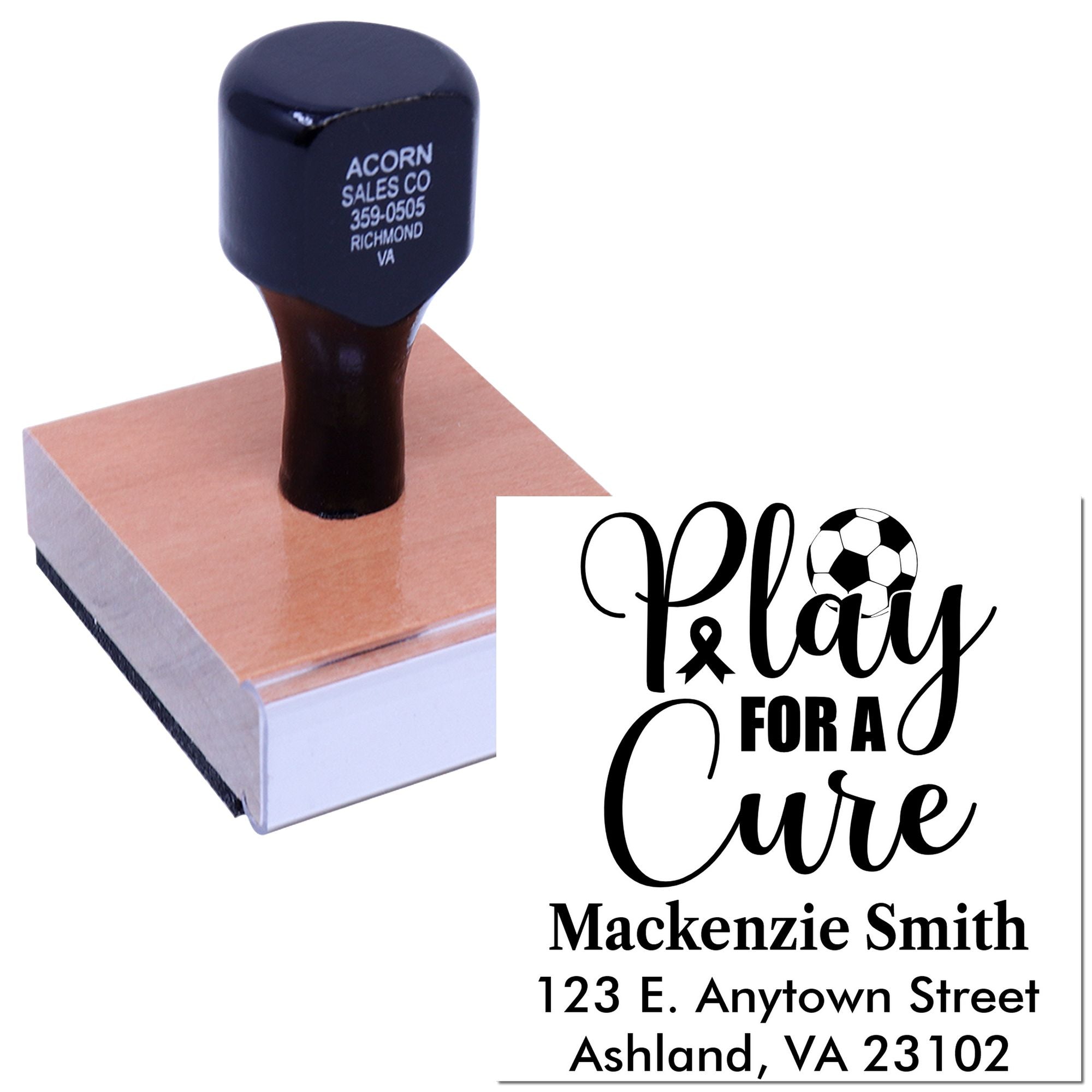 Custom rubber stamp for Play for a Cure fundraiser, featuring personalized name, address, and soccer-themed awareness design.