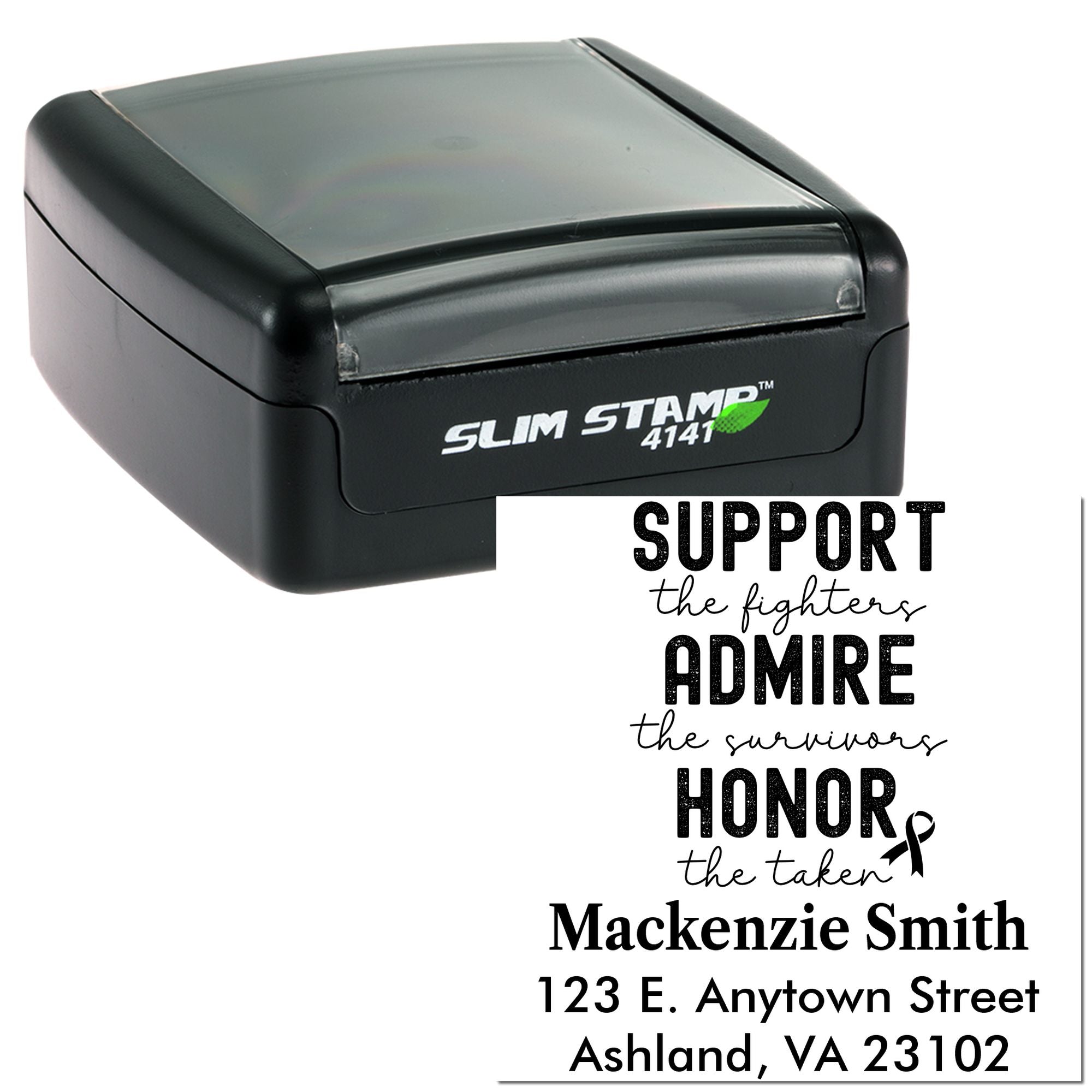 Custom self-inking rubber stamp with support-the-fighters memorial quote and return address design for personalized mailing.