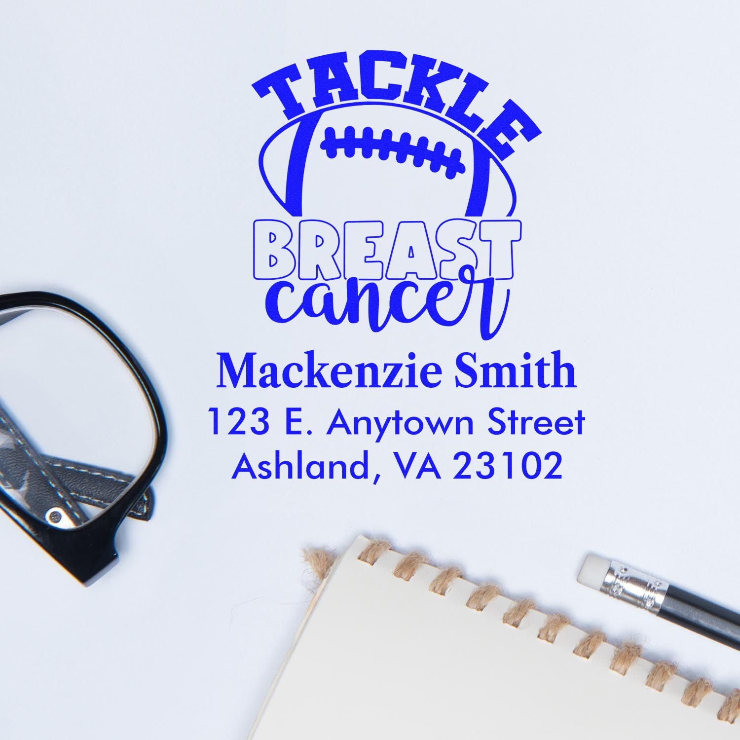 Custom Tackle Breast Cancer rubber stamp with football design, personalized name and address for awareness mailings.