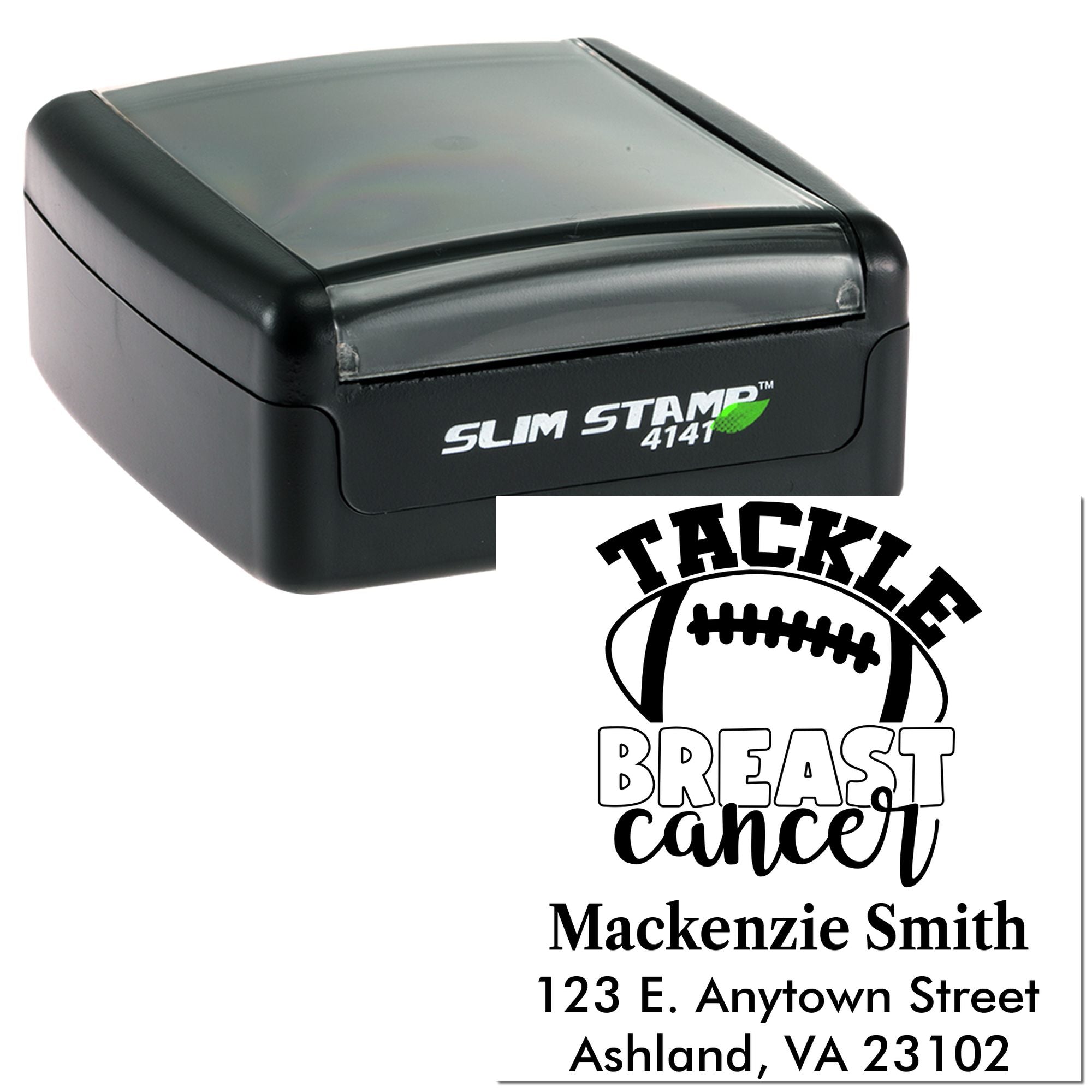 Slim self-inking rubber stamp with custom football breast cancer awareness design and personalized name/address imprint.