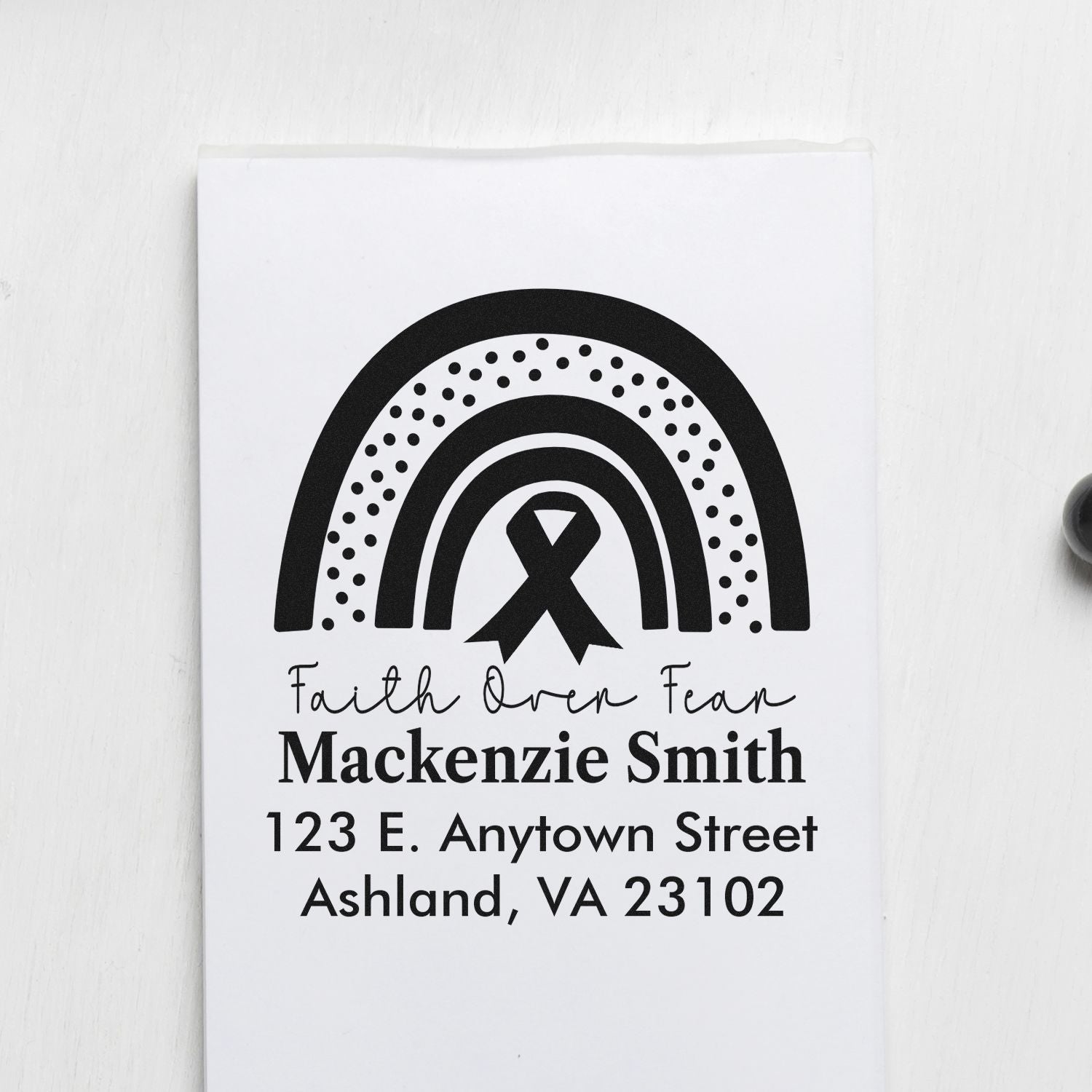 Custom rubber stamp with rainbow and awareness ribbon, personalized return address for Mackenzie Smith, Faith Over Fear.