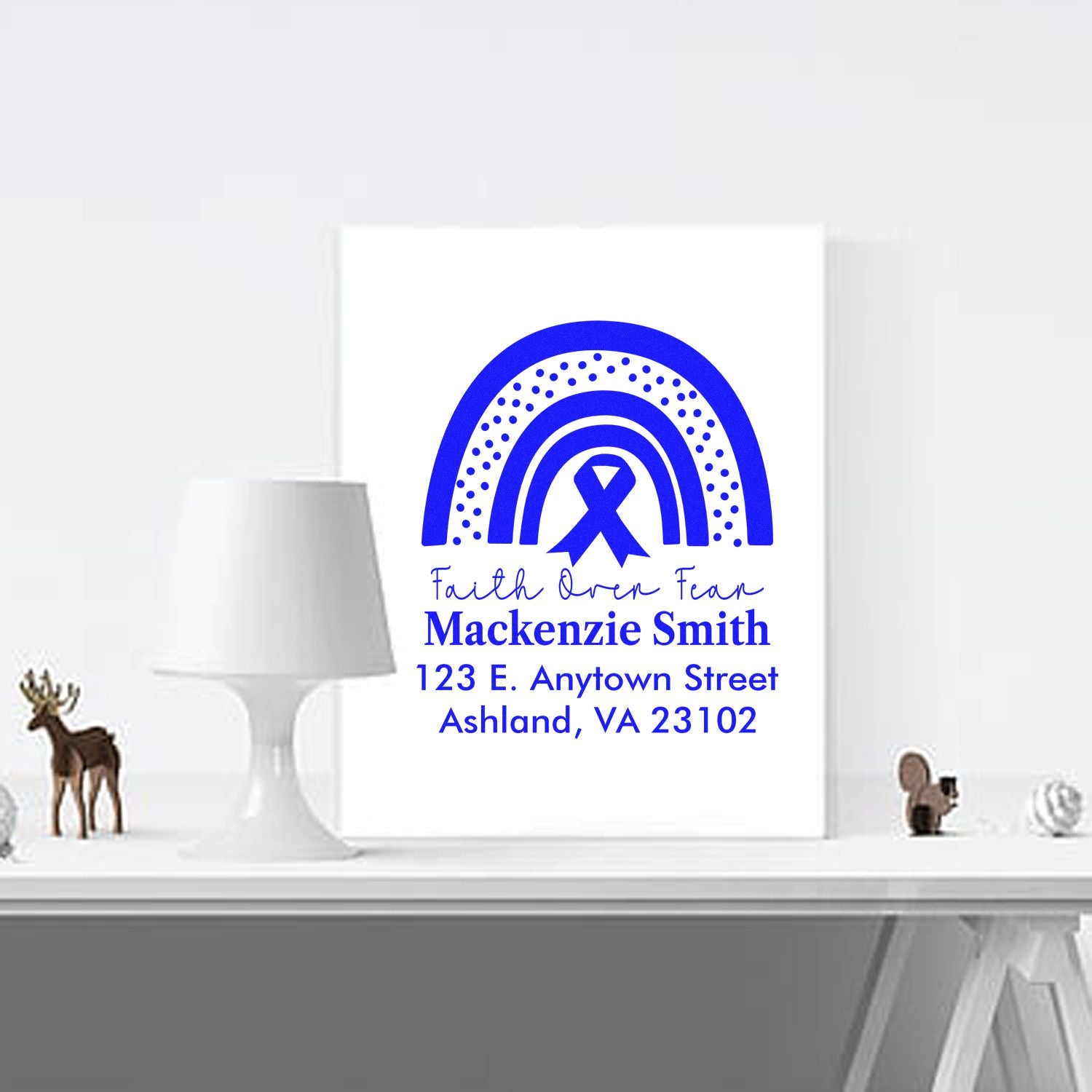 Custom address rubber stamp with rainbow ribbon, Faith Over Fear message, and personalized name and address.