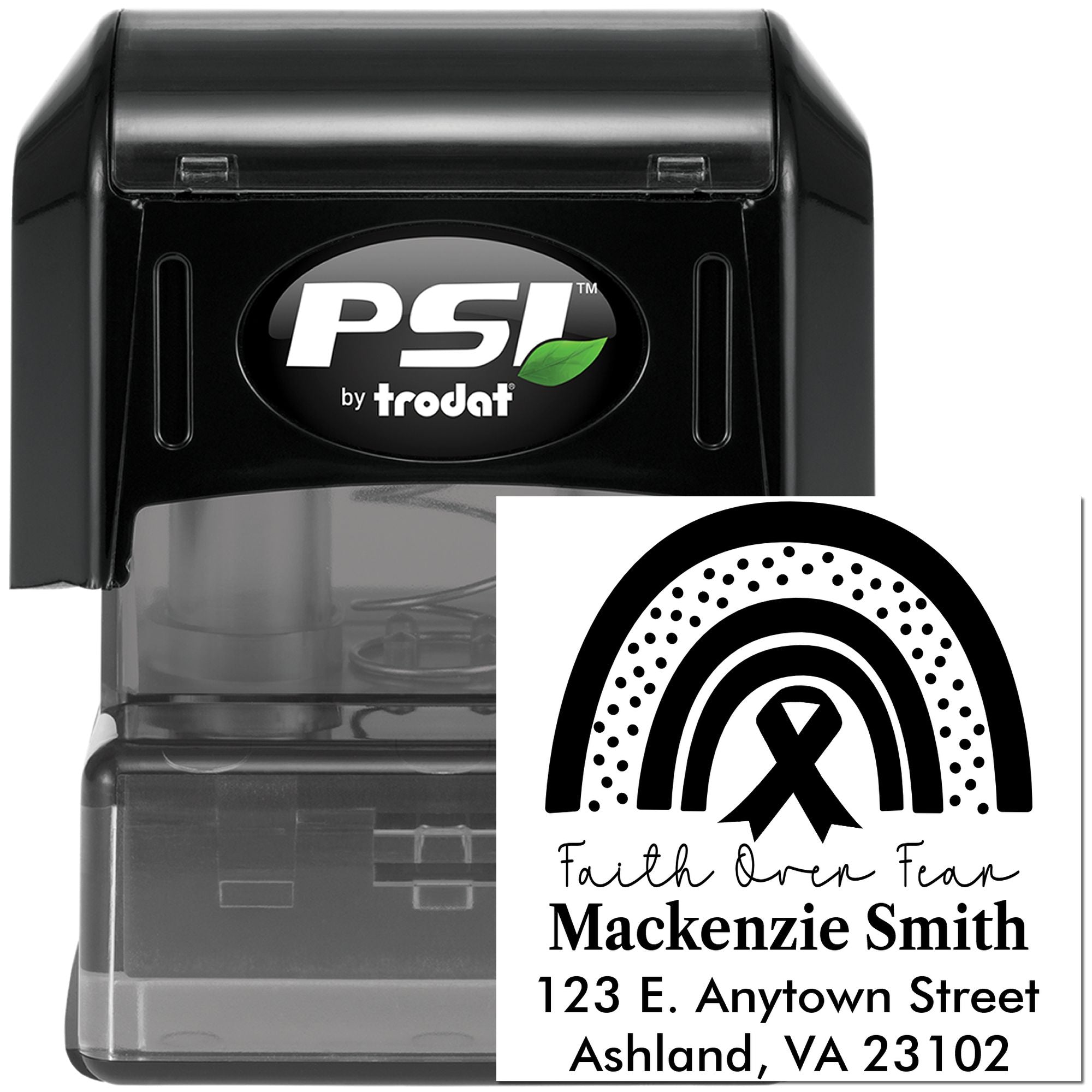 PSI by Trodat self-inking rubber stamp with custom rainbow ribbon design, name, and address for personalized mailings.