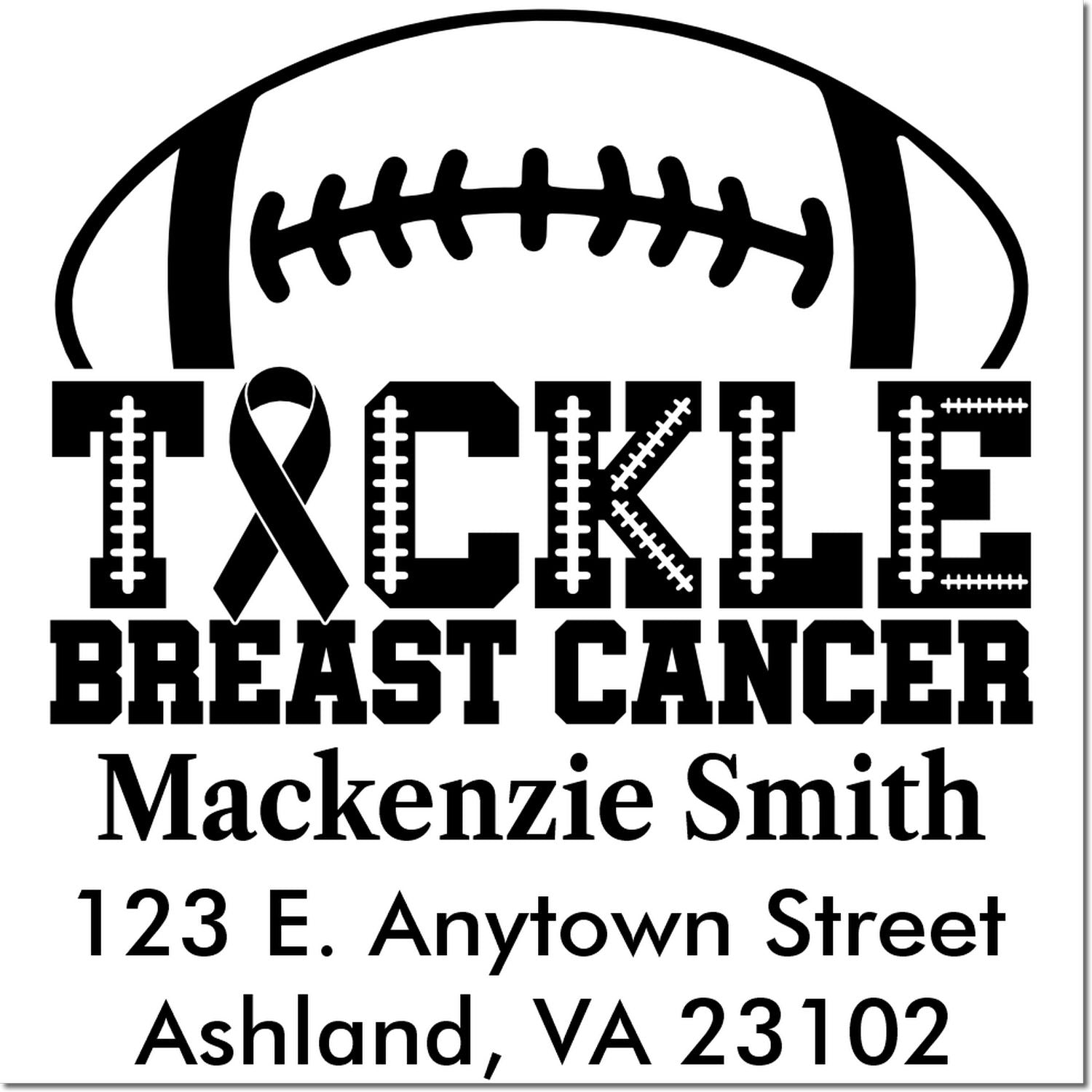 Custom football breast cancer awareness rubber stamp with pink ribbon, name, and address for event mailings and supporter gifts.