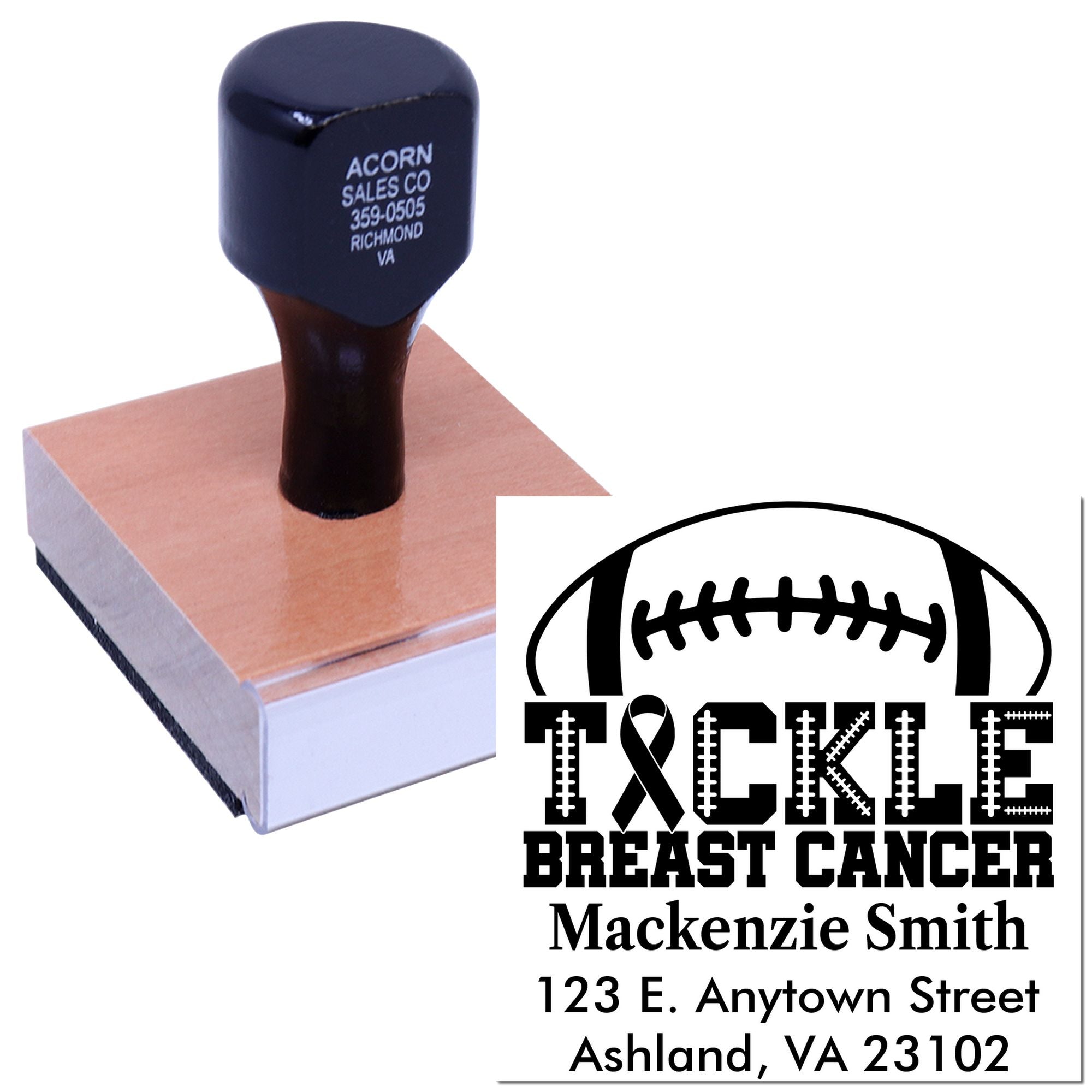 Personalized rubber stamp for breast cancer awareness featuring football design, name, and address.
